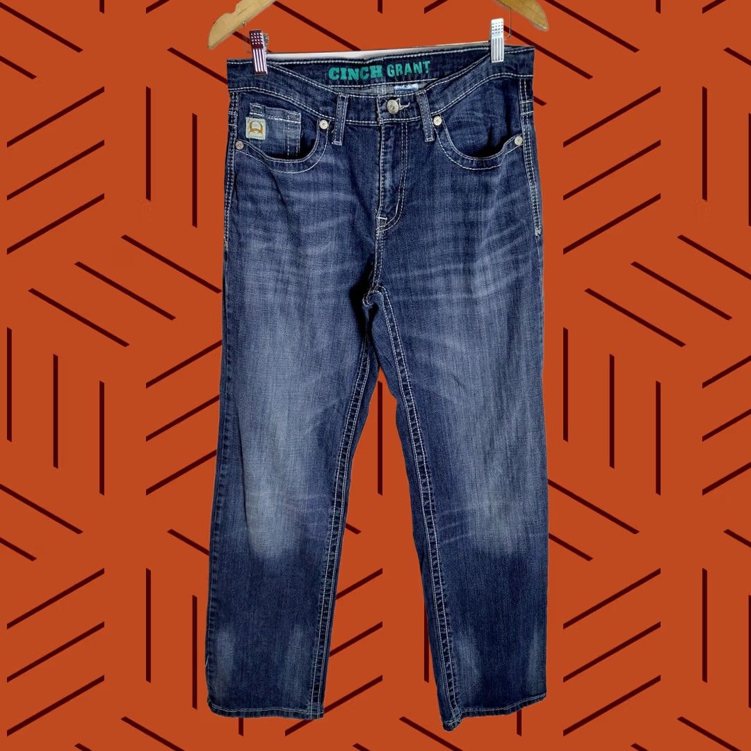 Denime Cinch Jeans Blue Solid Classic Men 31X32 Denim Stretch Regular Front Zip Zip Closure M/L Rise Mid 10-12 in Size US 31 - 1 Thumbnail