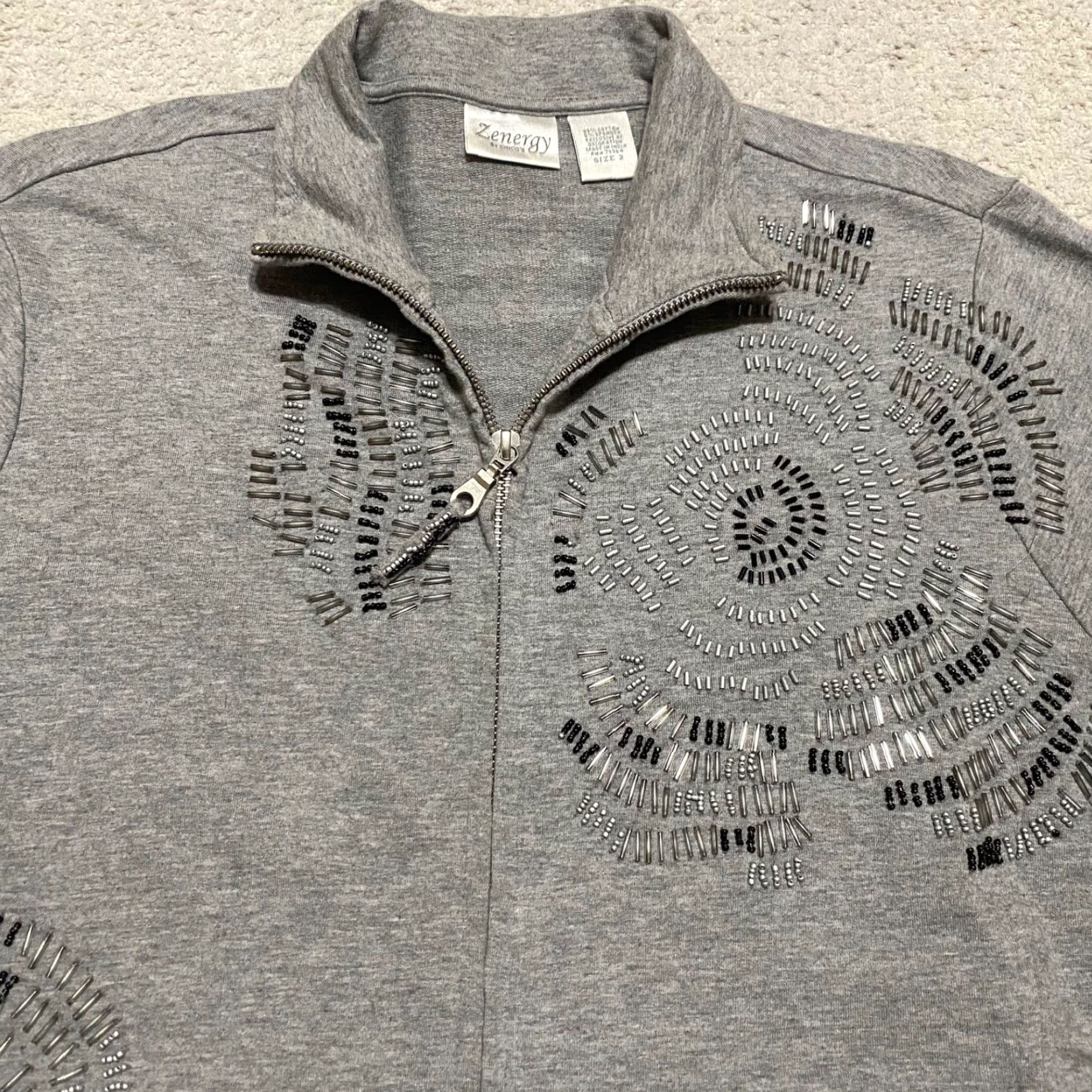 Vintage Chico's Zenergy Womens Jacket L Gray Bejeweled Long Sleeve Full Zip Pockets 90s Casual Travel Knit Cotton Size L / US 10 / IT 46 - 5 Thumbnail