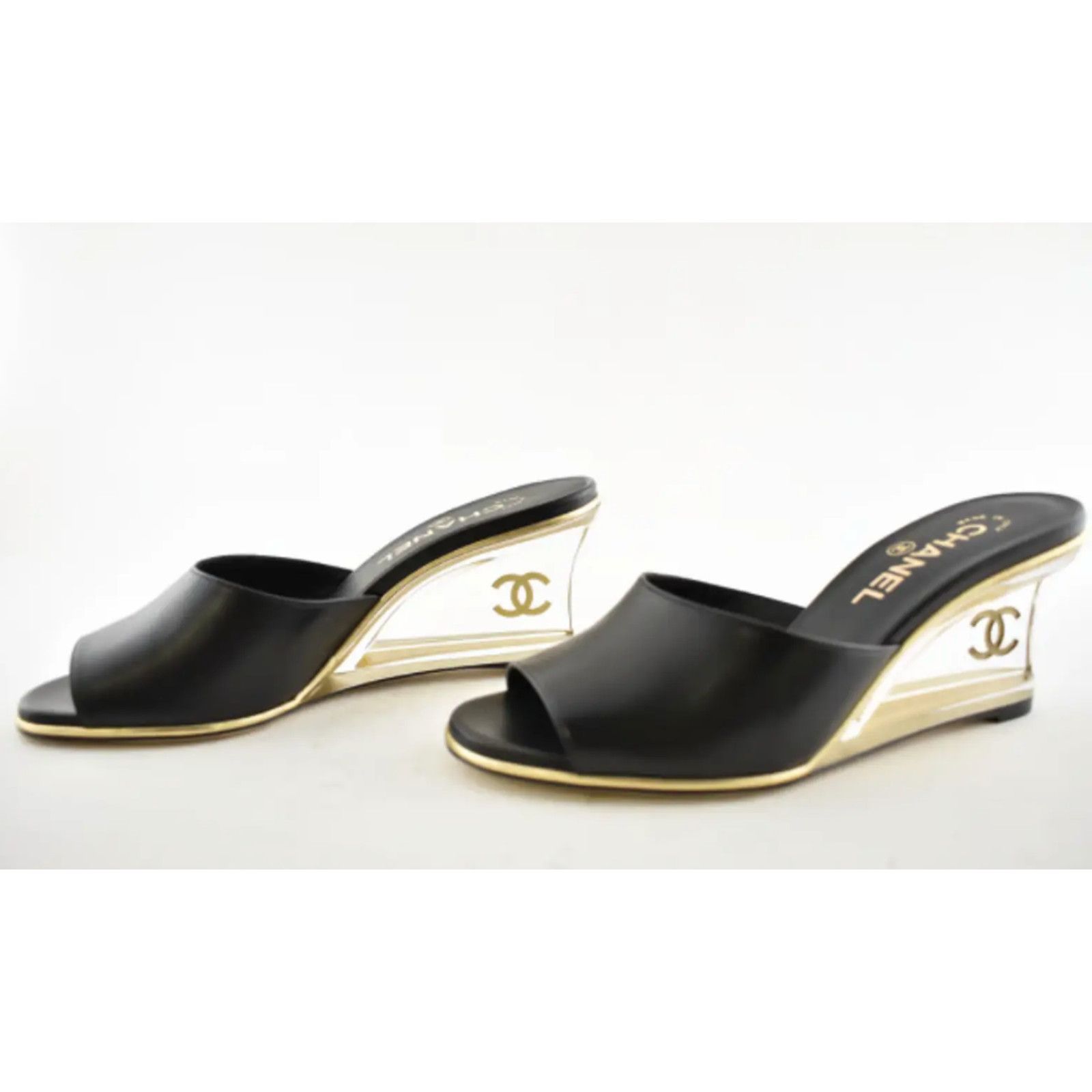 Chanel Chanel 20S Black Lambskin Clear Gold CC Mules Slide Size US 5.5 / IT 35.5 - 9 Thumbnail
