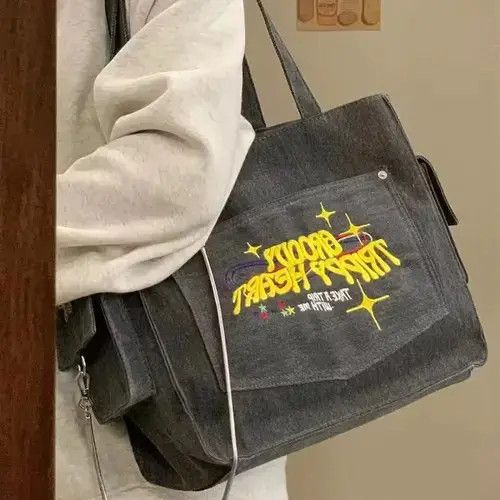 Embroidered Letters Canvas Tote Bag in Black, Women's