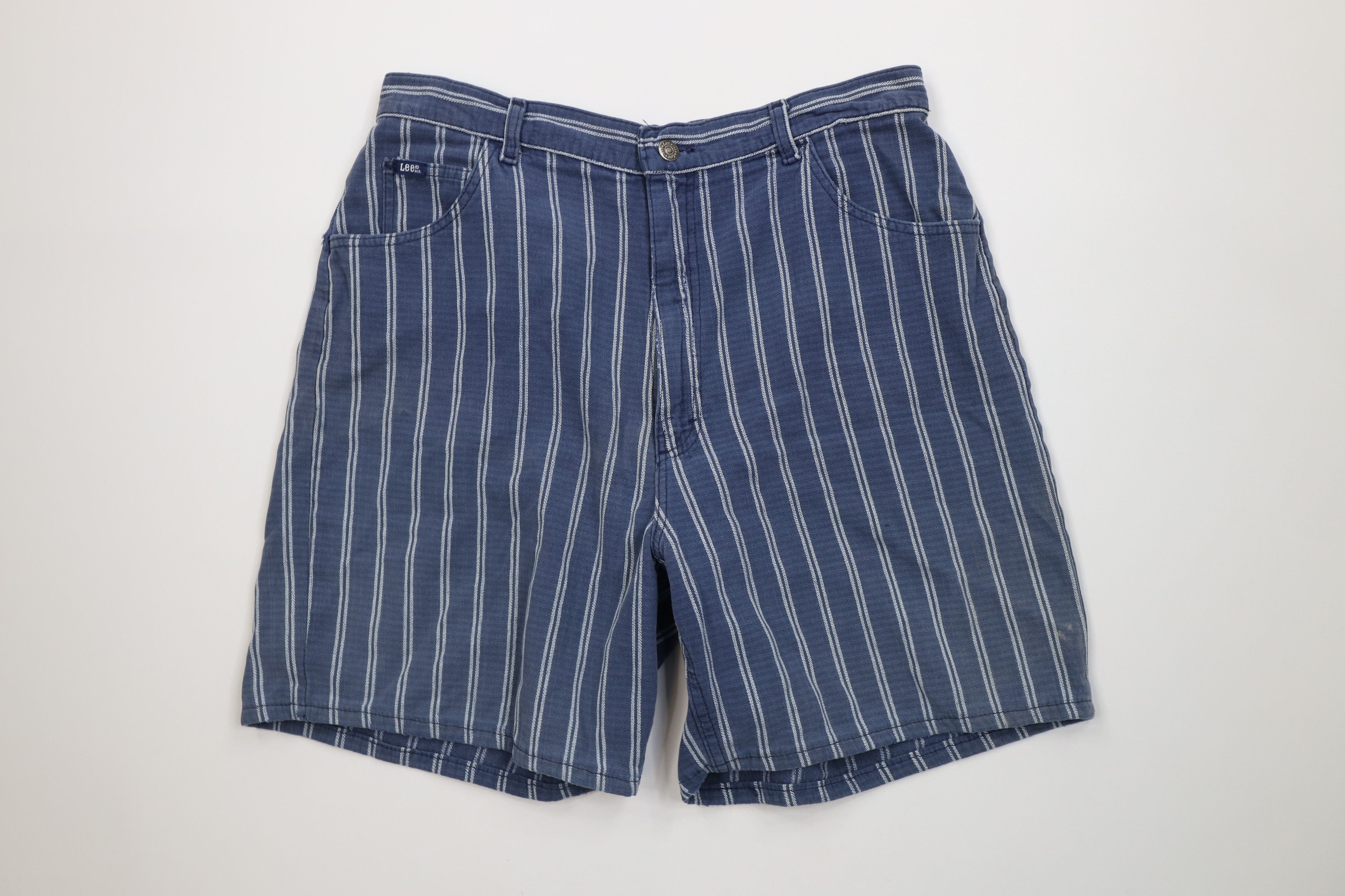 Lee Vintage 90s Lee Striped Above Knee Denim Jean Shorts Blue Size US 34 / EU 50 - 1 Thumbnail