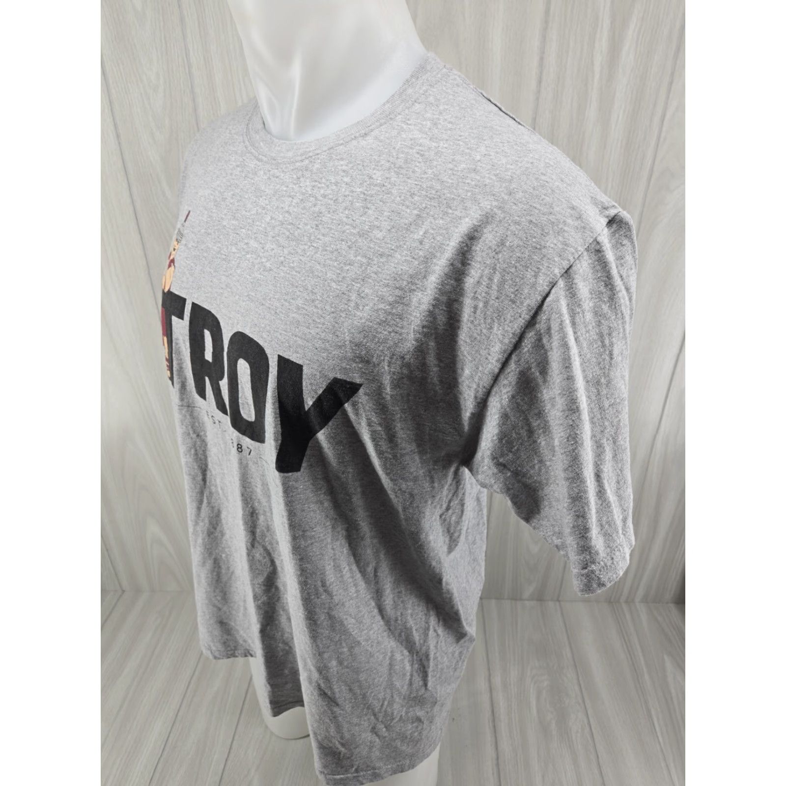 Fruit Of The Loom Troy University Trojans TU Cotton T Shirt Size Large Mens Gray Script Tee 30" Down Back Regular Fit Short Sleeve Size US L / EU 52-54 / 3 - 4 Thumbnail