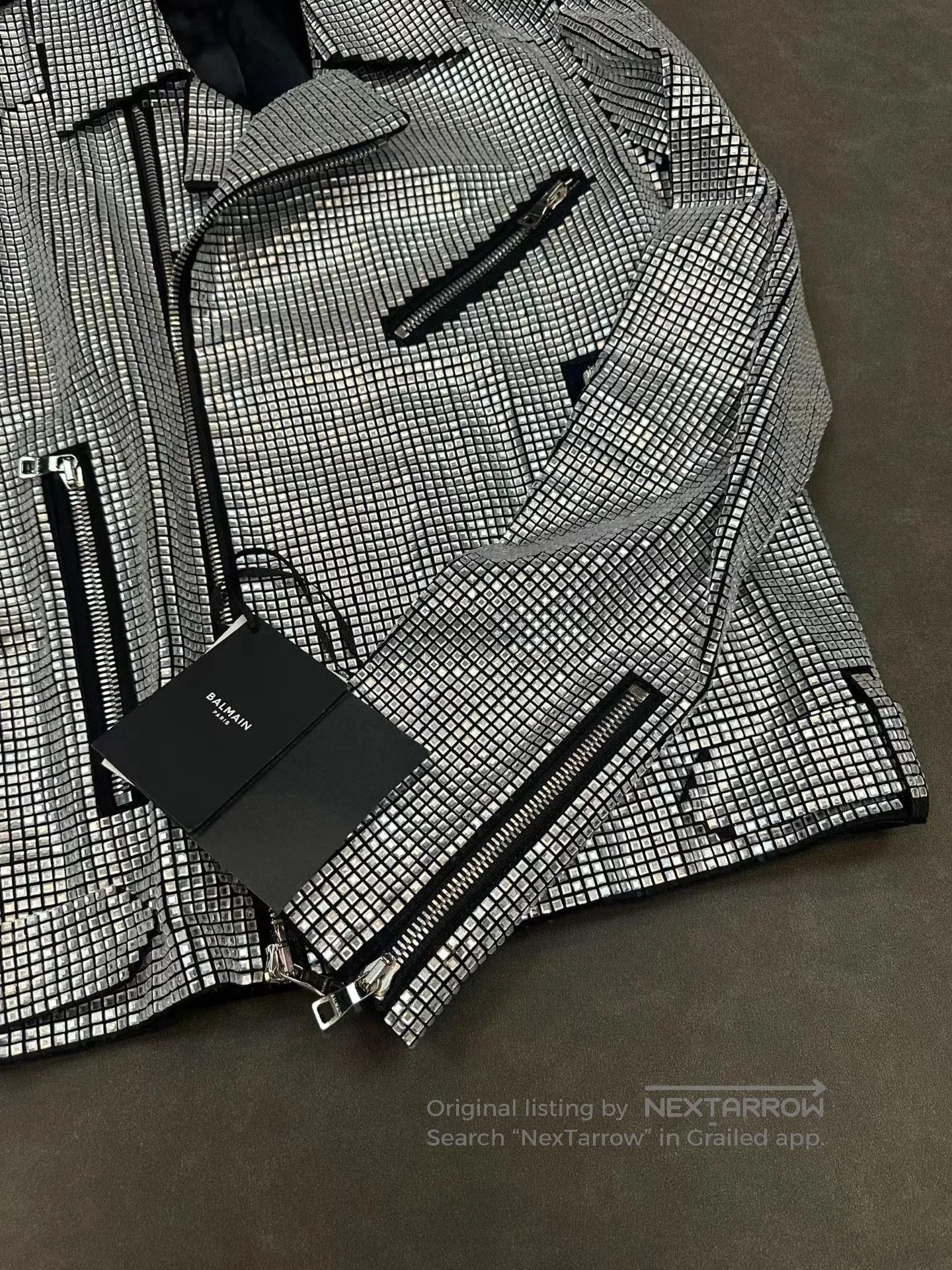 Balmain Silver Grid Pattern Moto Jacket Size M. Size US M / EU 48-50 / 2 - 4 Thumbnail