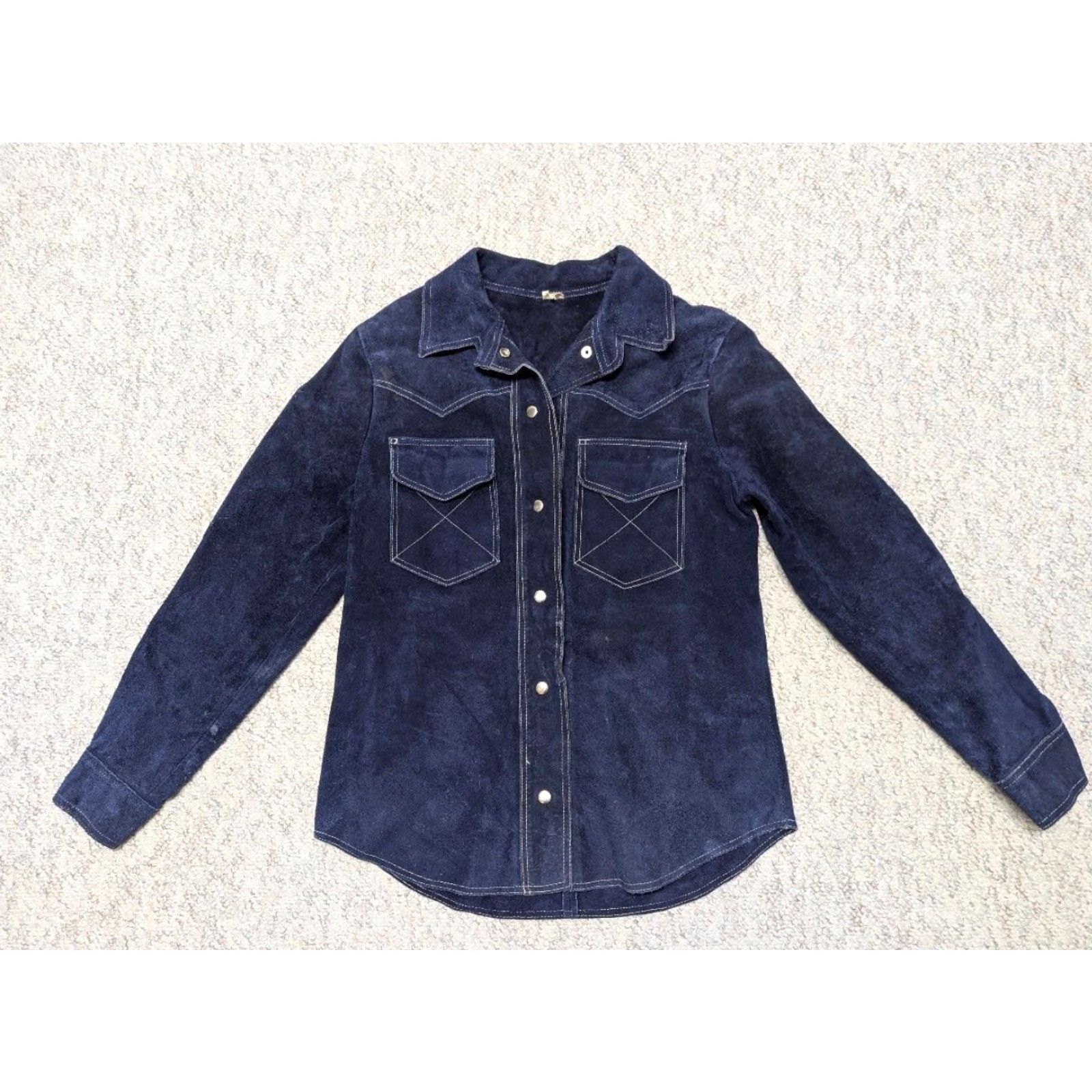 Vintage VINTAGE blue jacket Western trucker jacket Unisex Adults S Blue 1970s split suede cowhide leather snap Western trend Mens Womens Size US S / EU 44-46 / 1 - 3 Thumbnail