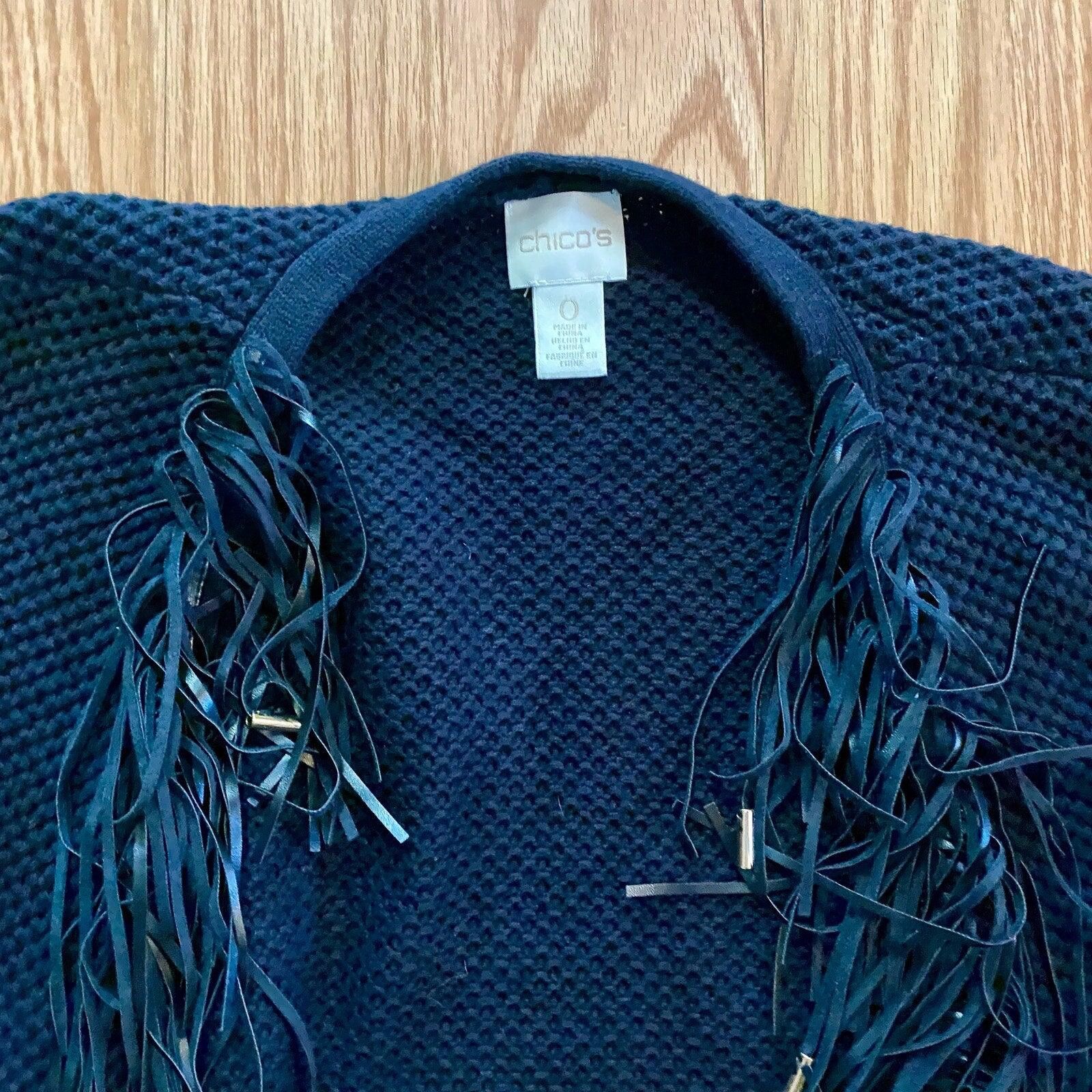 Chicos Chicos Black Knit Fringe Leather Cardigan Jacket Women Small Size S / US 4 / IT 40 - 4 Thumbnail