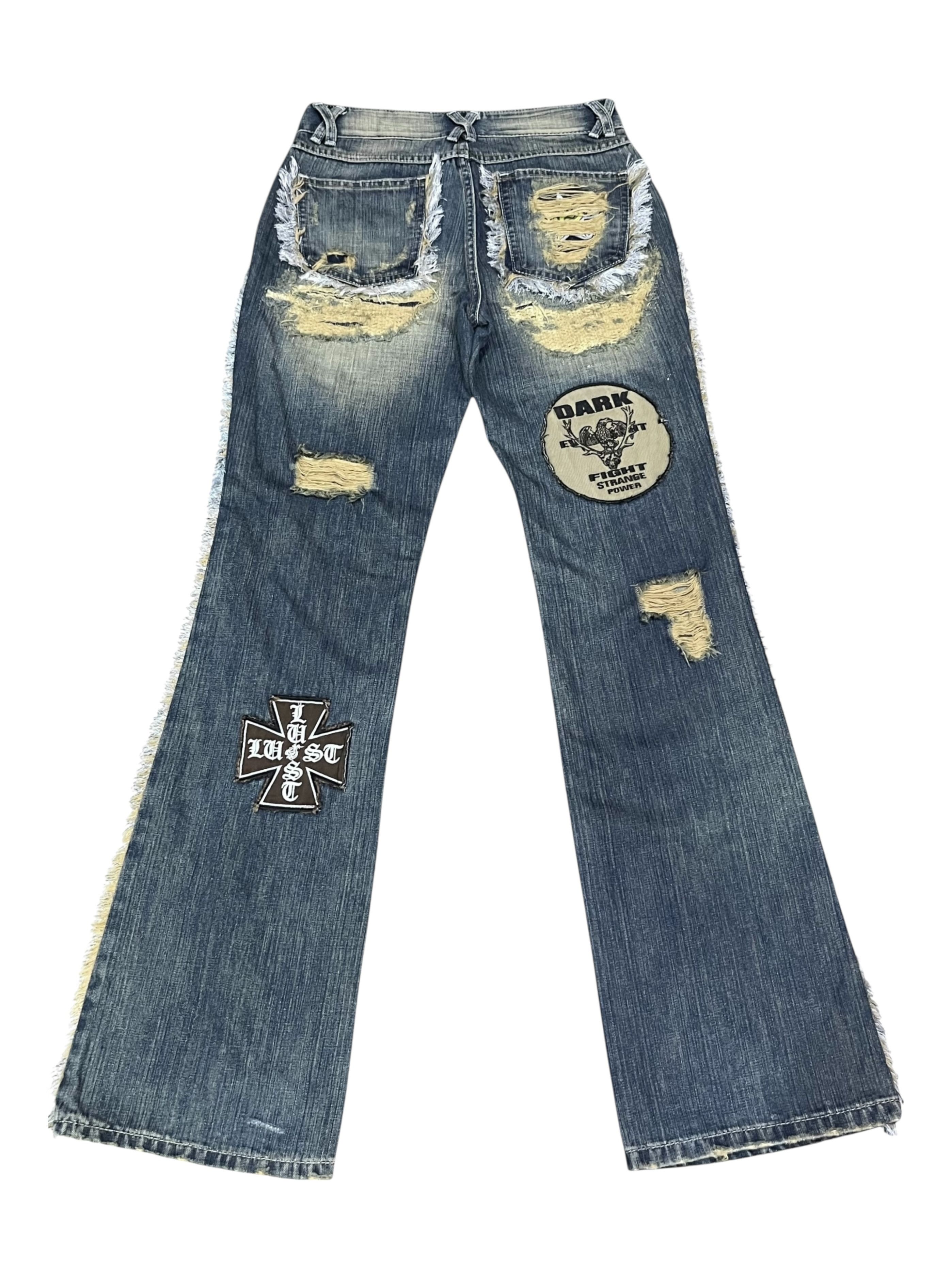Japanese Brand LUSC Distressed Flare Jeans Patchwork, Ripped, Raw Hem Rare Size 28" / US 6 / IT 42 - 4 Thumbnail