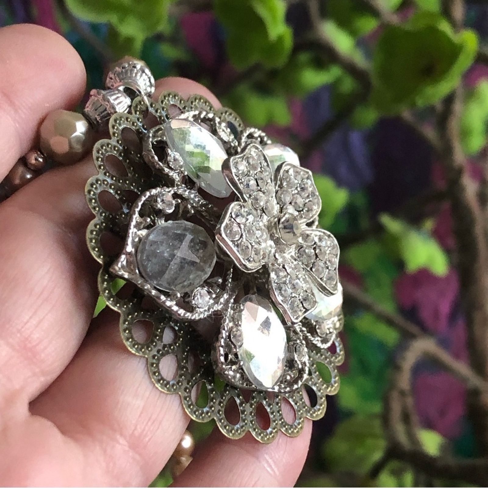 Handmade Handcrafted repurpose floral stone filigree Pearl necklace Size ONE SIZE - 9 Thumbnail