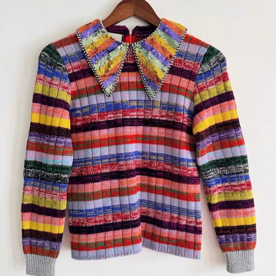 Gucci Gucci Sequin Rainbow Beaded Collared Sweater S Size S / US 4 / IT 40 - 1 Thumbnail