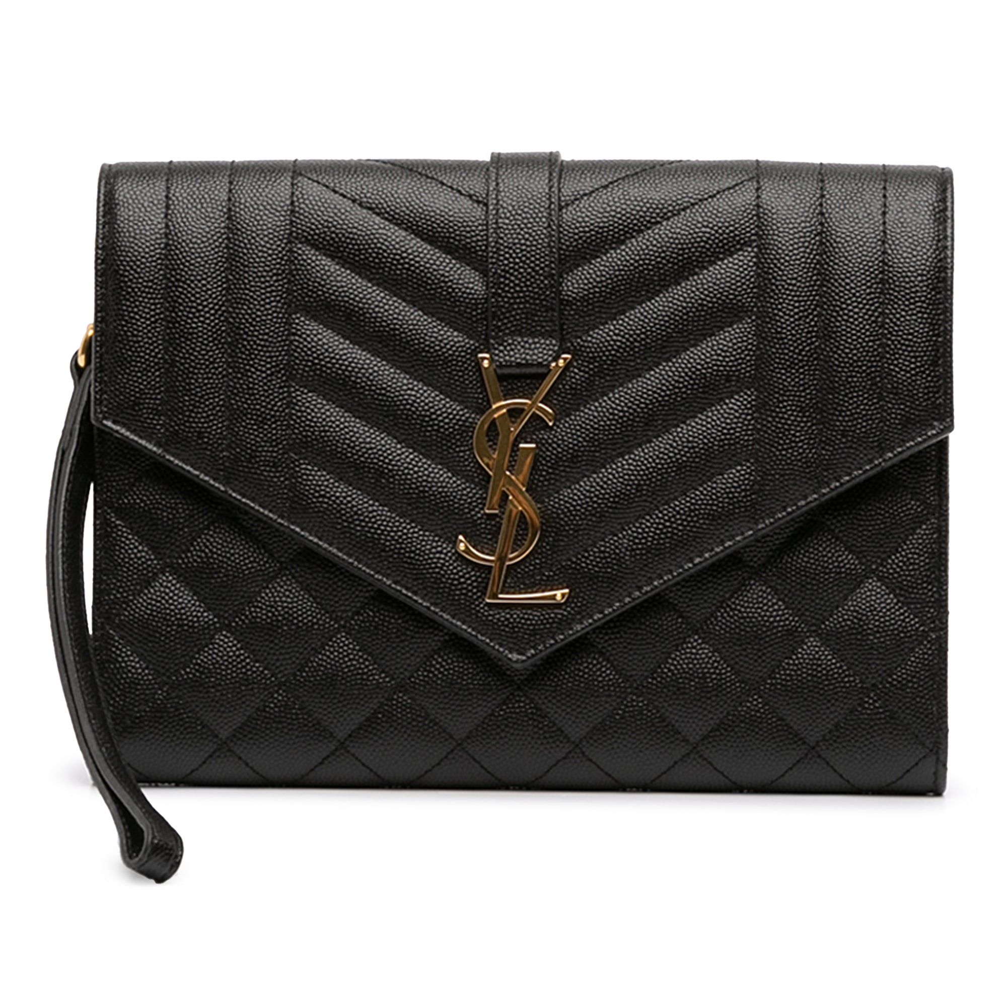 Saint Laurent Paris Grain De Poudre Triquilt Monogram Envelope Clutch in Black, Women's