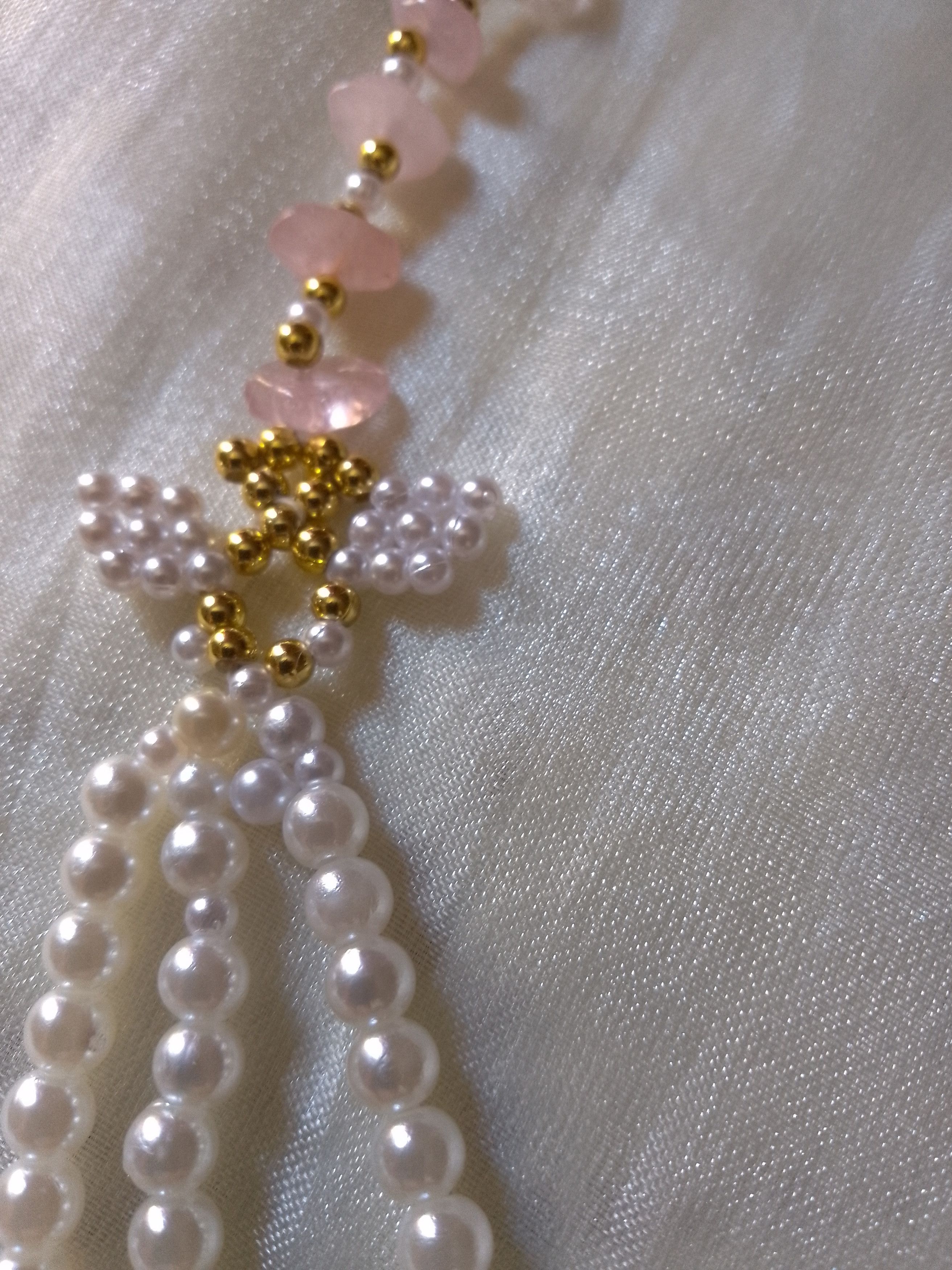 Handmade Necklace Rose Quartz Pearls Elegant Multi thread Size ONE SIZE - 2 Thumbnail