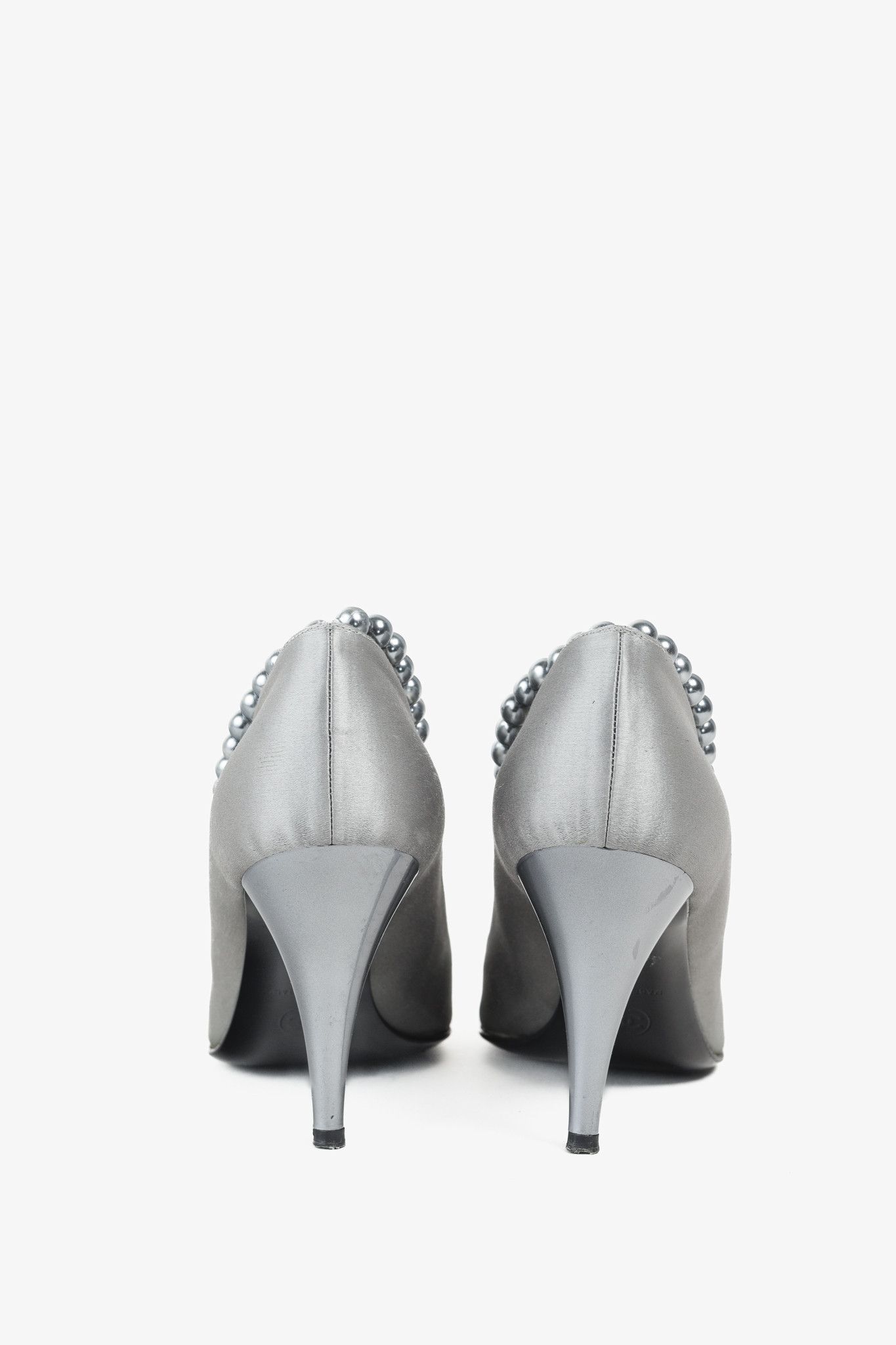Chanel Chanel Grey Pearl Ankle Satin Pumps Size US 7 / IT 37 - 3 Thumbnail