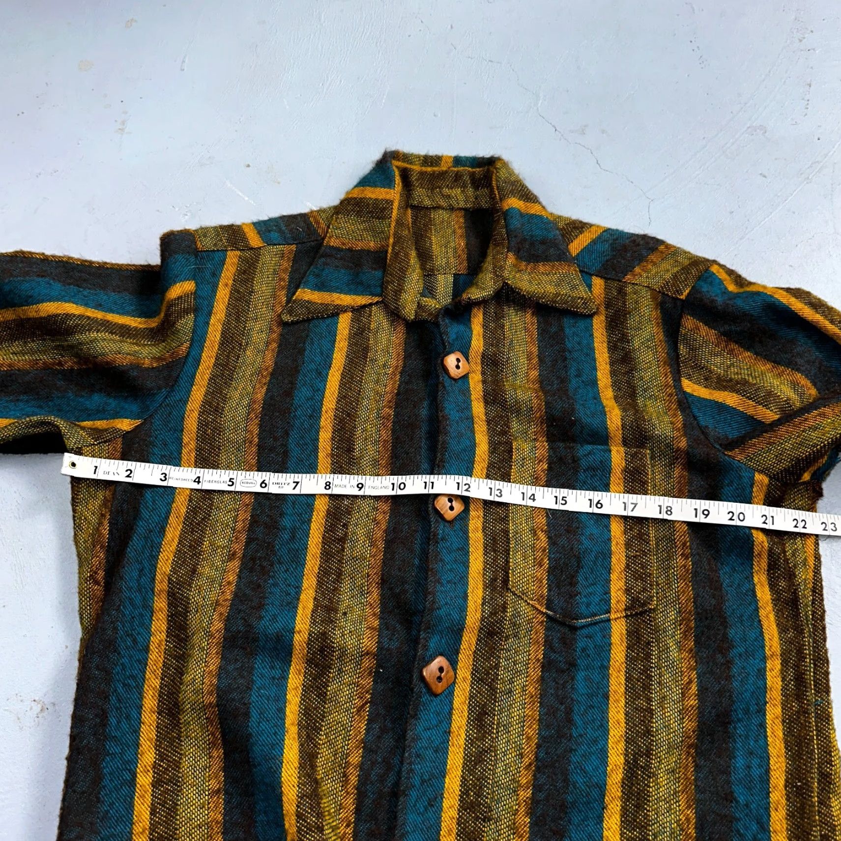 Vintage 1960s Wool Short Sleeve Striped Wood Button Down Shirt 60s 70s Rockabilly Mens L Blue Shirt Size US L / EU 52-54 / 3 - 5 Thumbnail