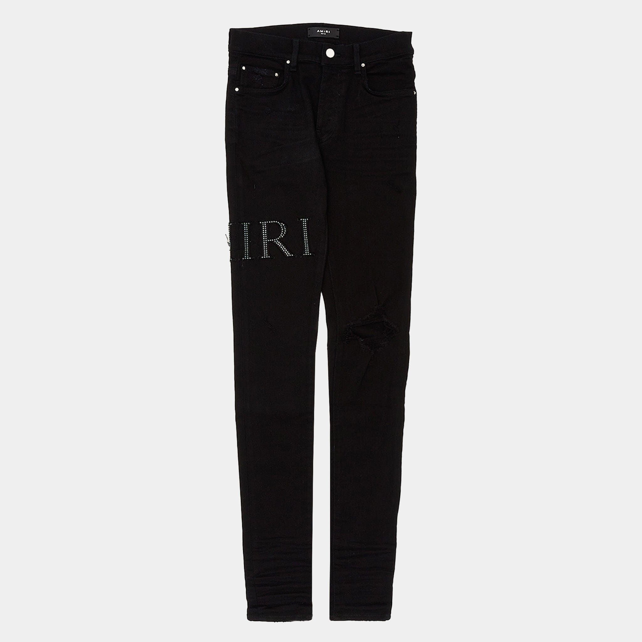 Amiri Embellished Crystal Logo Jeans Overdyed Black - Main Image