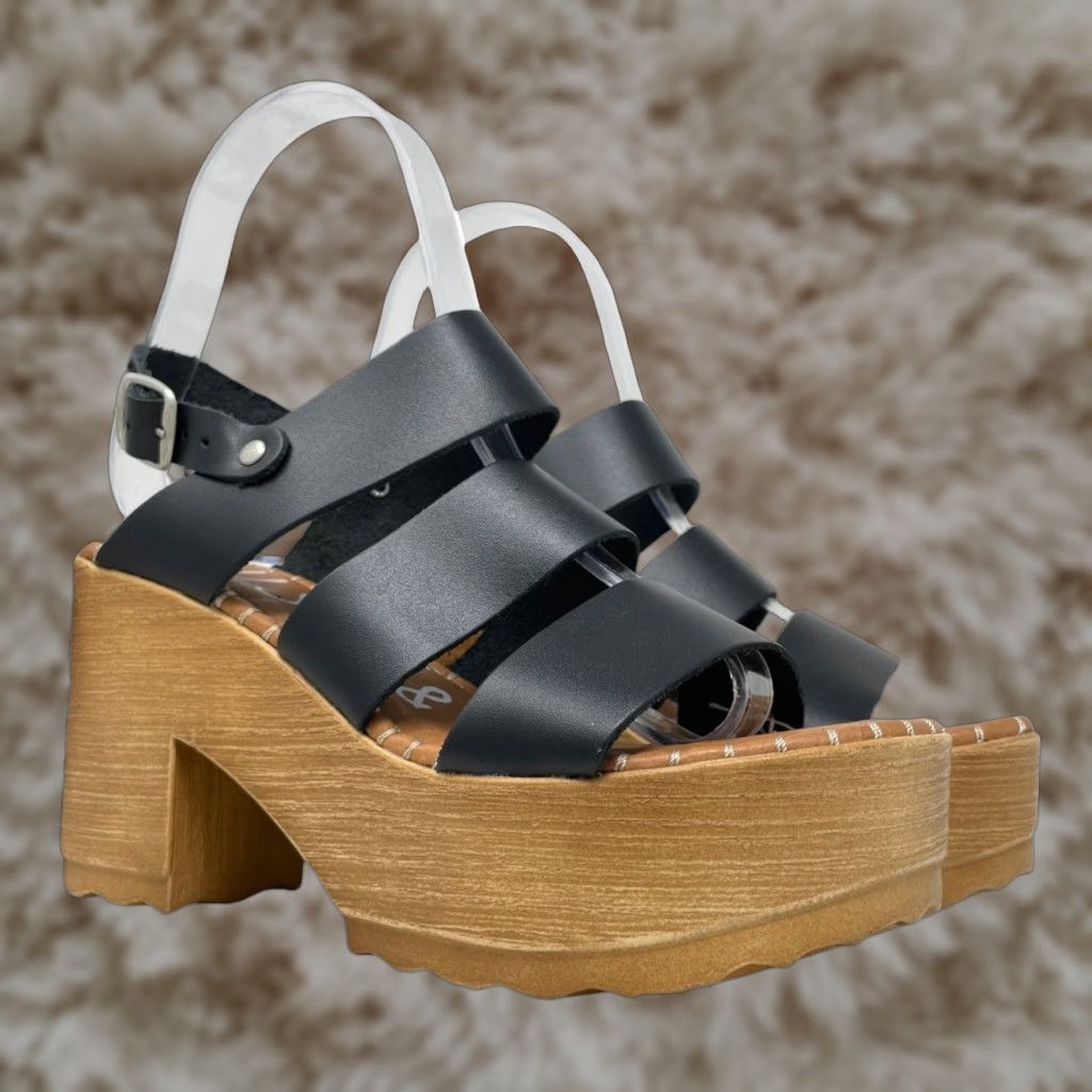 Vintage Musse & Cloud Womens 5 Strappy Platform Sandal Black Faux Leather Buckle High Heel Shoes Bohemian