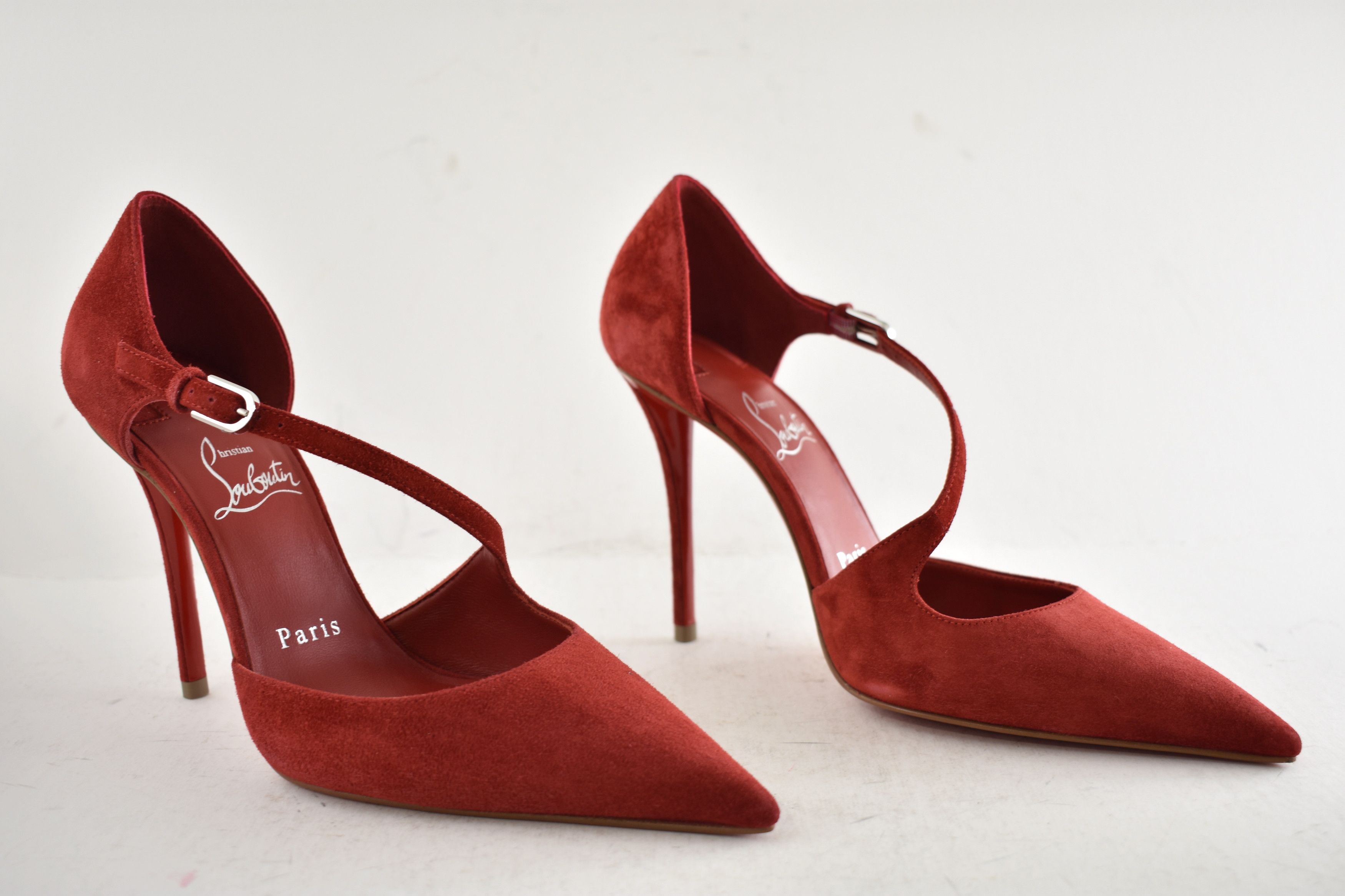 Christian Louboutin Miss Ziggyta 100 Fever Red Suede Cross Strap Heel Pump 36.5 Size US 6.5 / IT 36.5 - 4 Thumbnail