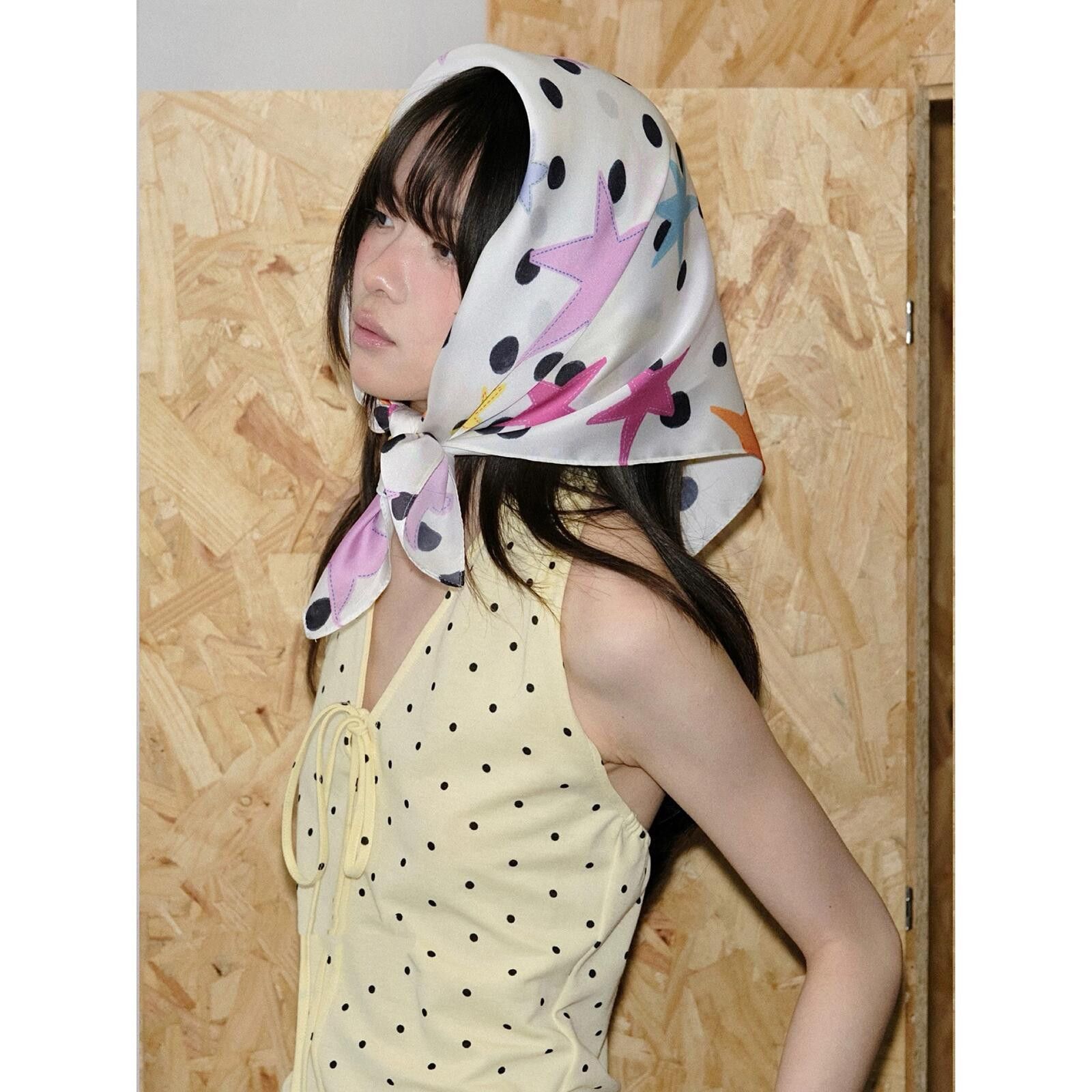 Japanese Brand Playful Star Polka Dot Silk Feel Scarf Y2K Kidcore Aesthetic Size ONE SIZE - 3 Thumbnail
