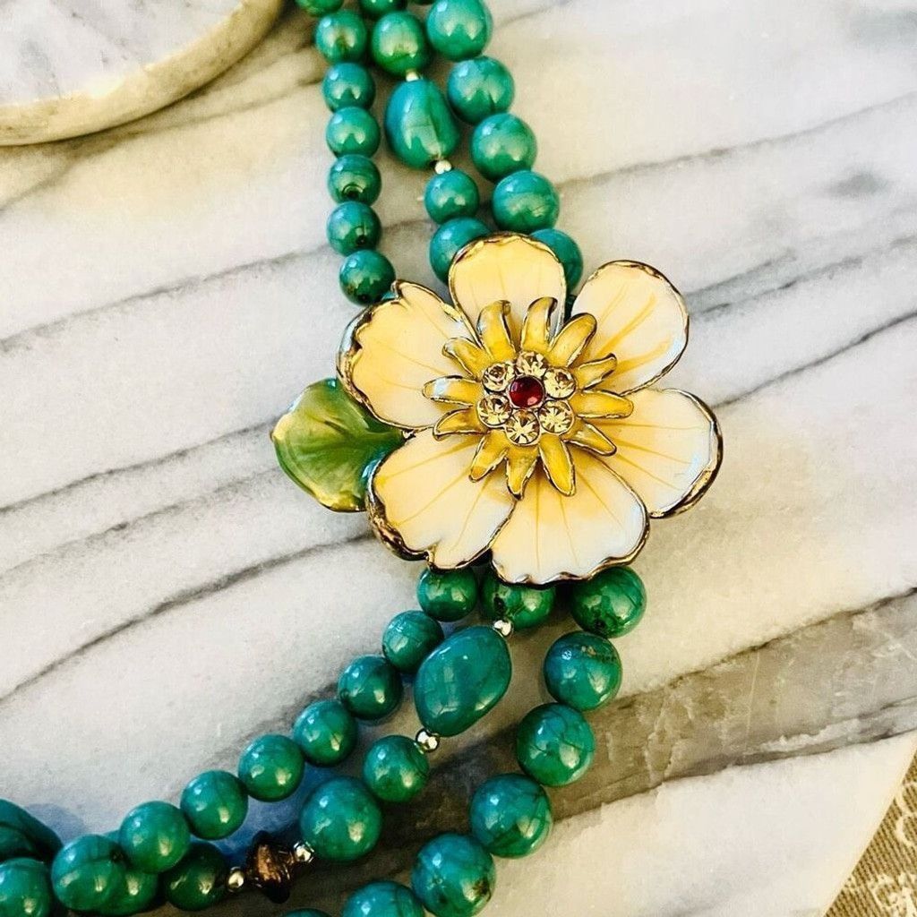 Jewelry Enamel Flower Statement Necklace Teal Green Beaded Size ONE SIZE - 3 Thumbnail
