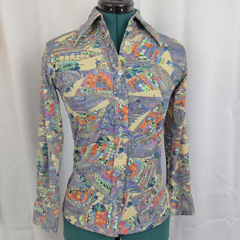 Vintage Ladies' 70s Vintage Psychedelic "Disco" Shirt Small Size S / US 4 / IT 40 - 1 Thumbnail