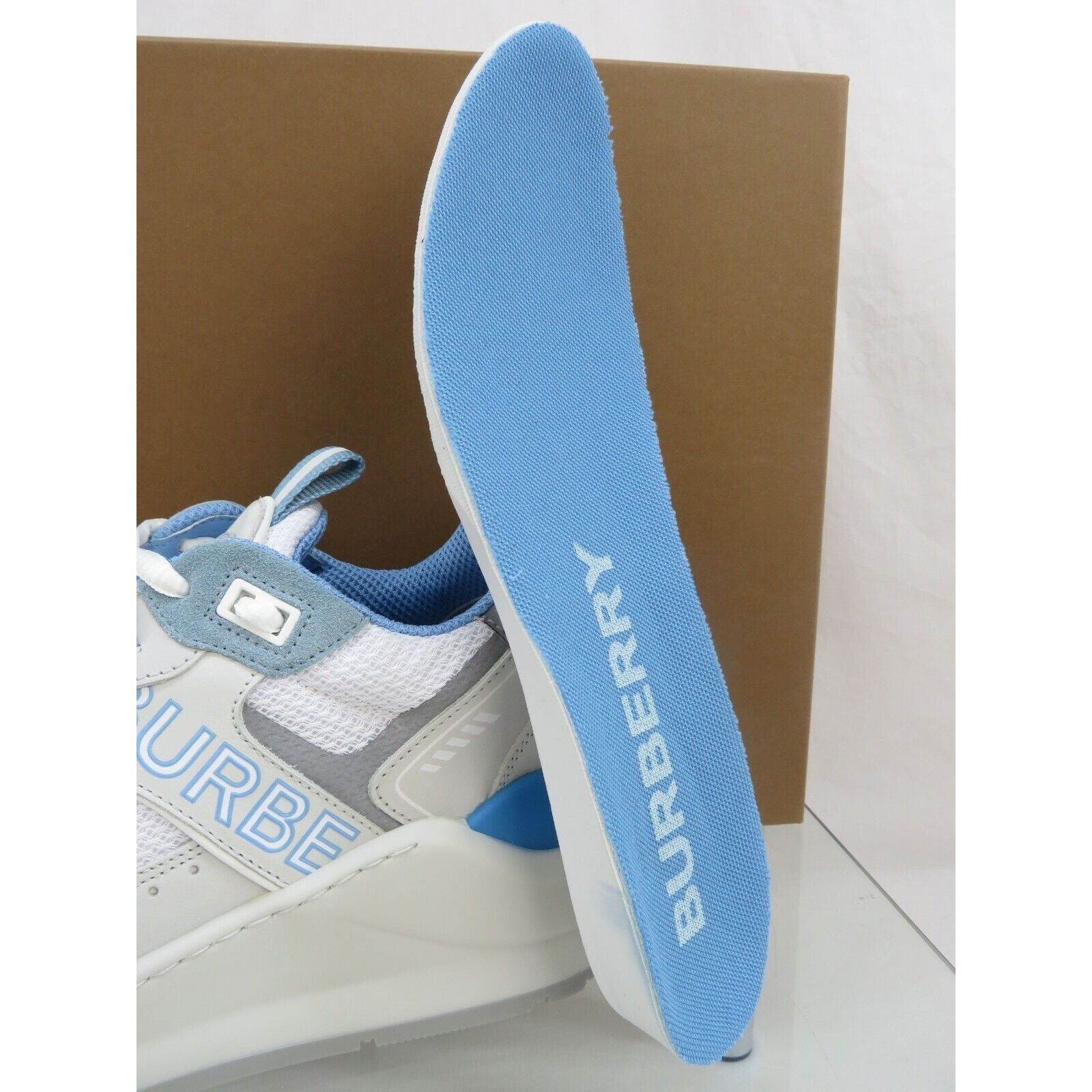 Burberry SEAN WHITE SUEDE MESH PALE BLUE LOGO LOW SNEAKERS 41 US 8 Size US 8 / EU 41 - 12 Thumbnail