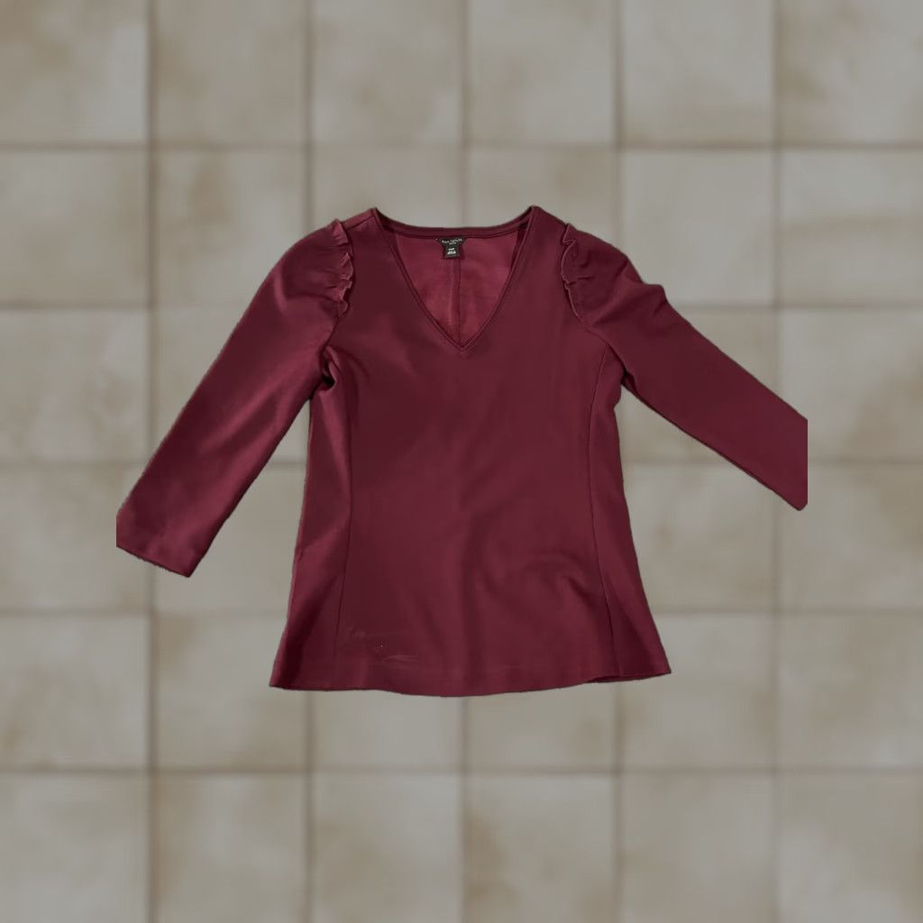 Ann Taylor Ann Taylor Petite Shirt Womens XXSP Burgundy V Neck Ruffle Sleeve Top Stretch Size XXS / US 00 / IT 34 - 1 Thumbnail