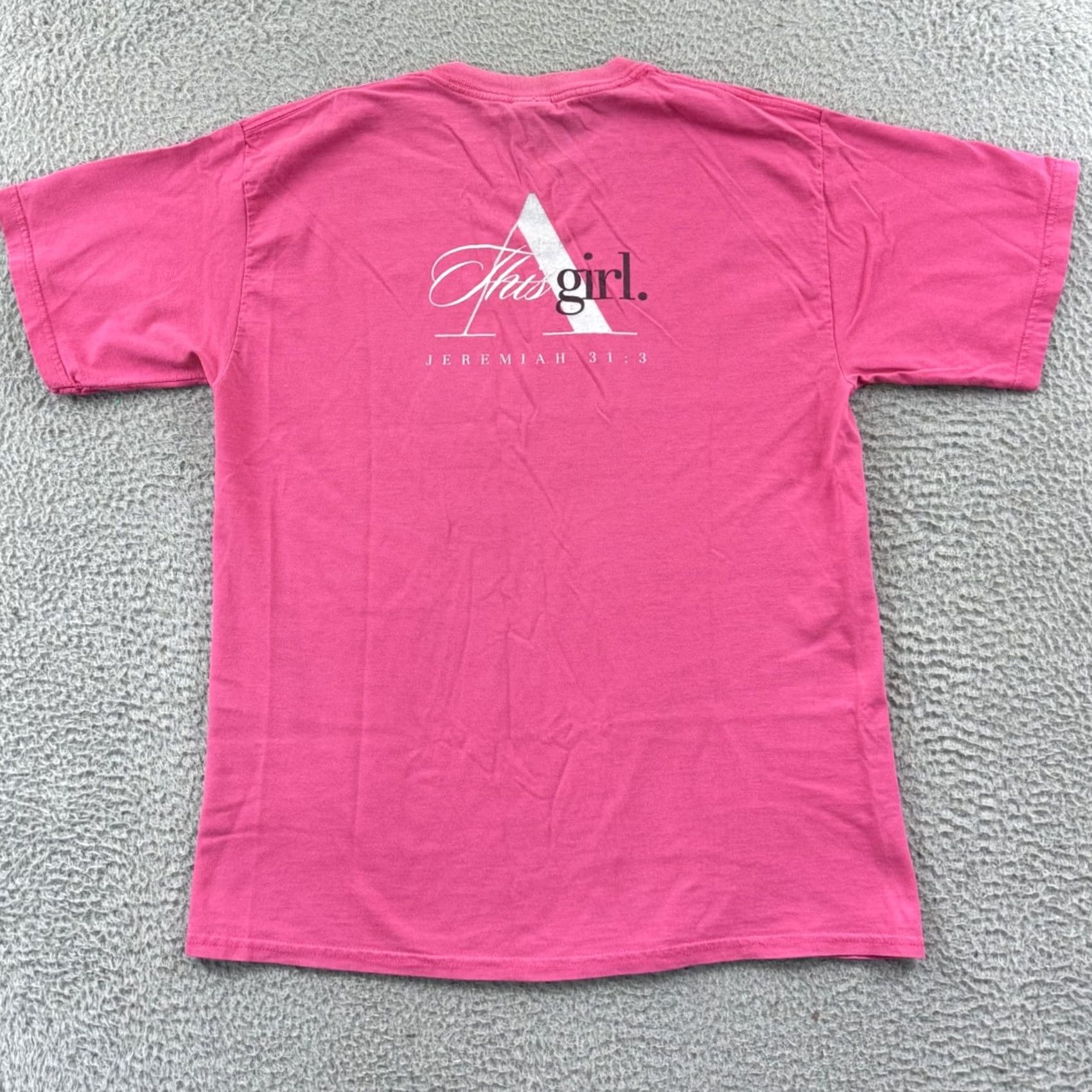 Gildan VINTAGE Jesus Religious Shirt Adult Large Pink Jeremiah 31:3 Christian Y2K USA Shirt Size US L / EU 52-54 / 3 - 7 Thumbnail