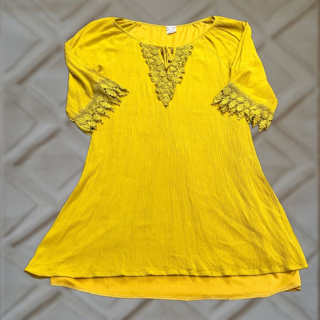 Anthropologie VINTAGE Anthropologie Boho Crochet Midi Dress Womens 12 Mustard Yellow Rayon Casual Summer Size XL / US 12-14 / IT 48-50 - 1 Thumbnail