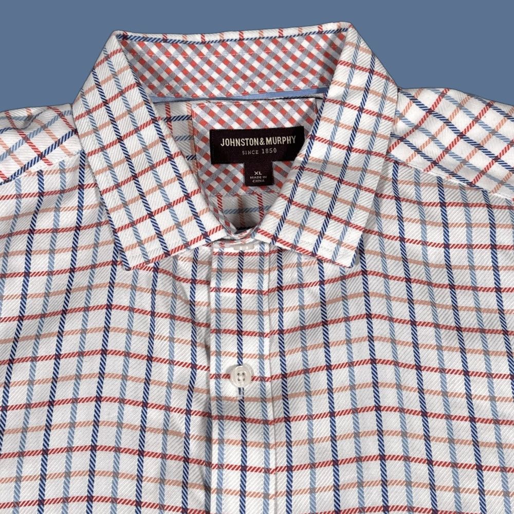 Johnston & Murphy Johnston & Murphy Shirt Men XL White Blue Plaid Button-Down Pocket 100% Cotton Long Sleeve Size US XL / EU 56 / 4 - 1 Thumbnail
