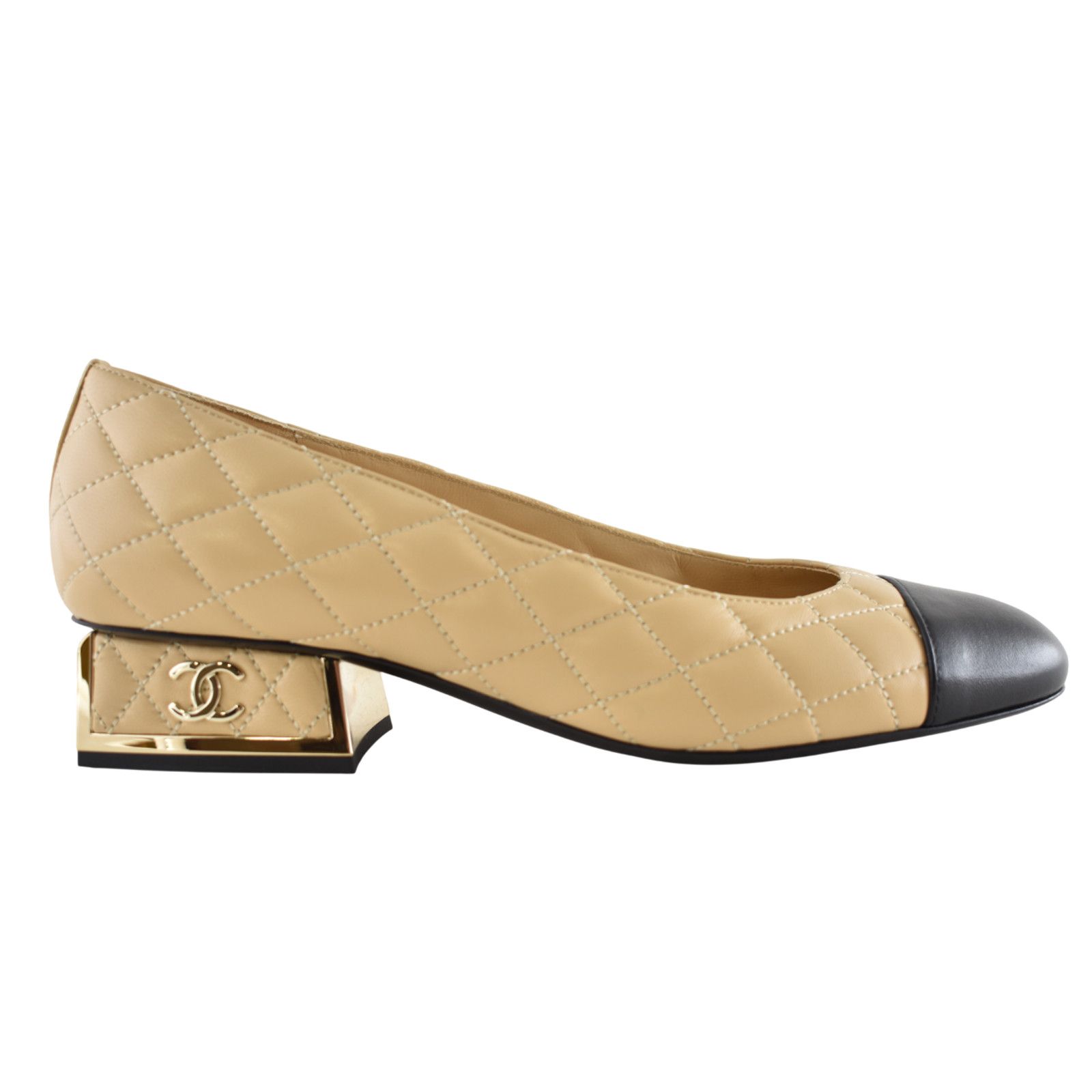 Chanel Chanel 24B Beige Lambskin Quilted CC Block Heel Pumps 37.5 Size US 7.5 / IT 37.5 - 1 Thumbnail
