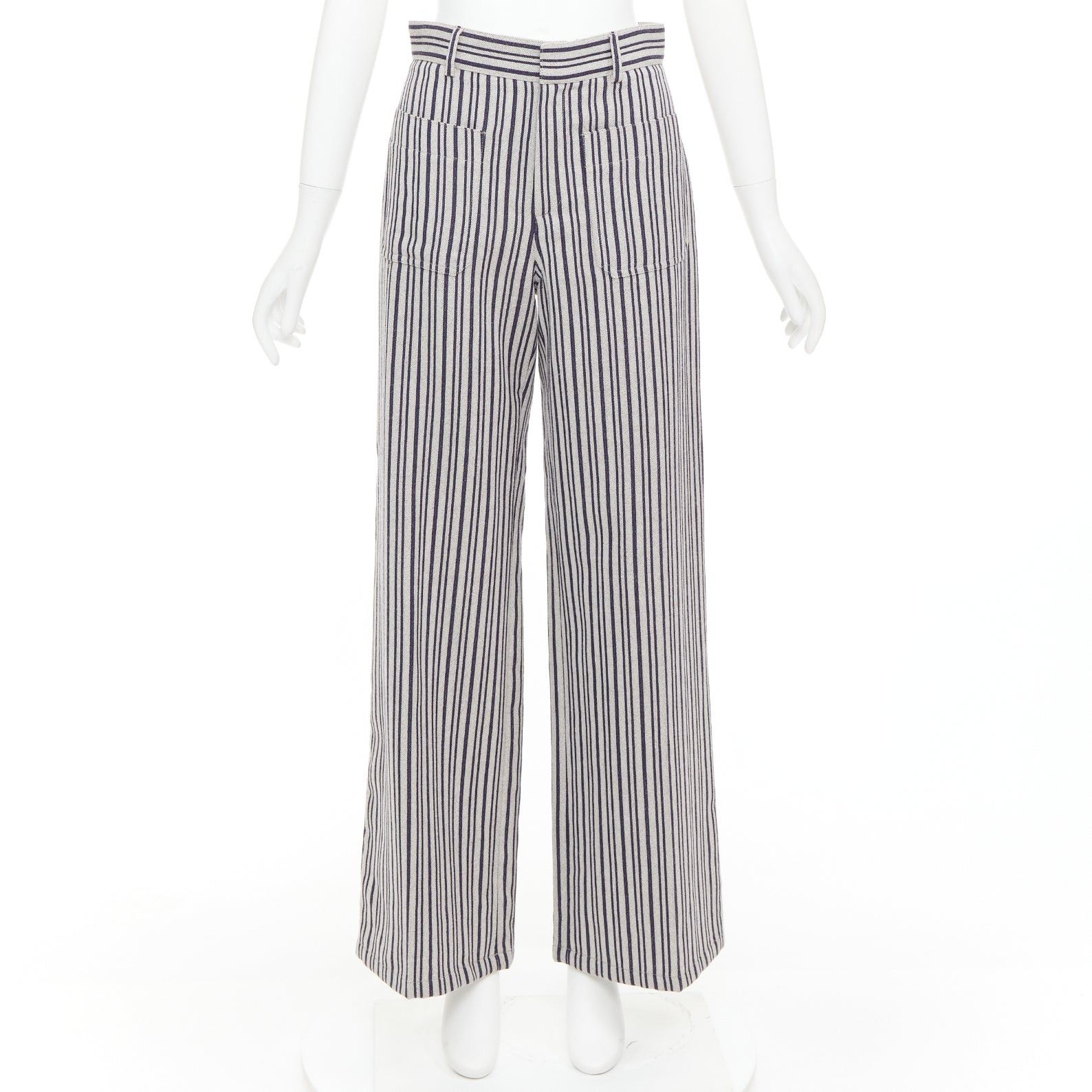 Dior CHRISTIAN DIOR grey navy virgin wool high waisted striped wide leg pants FR36 S Size 27" / US 4 / IT 40 - 1 Thumbnail