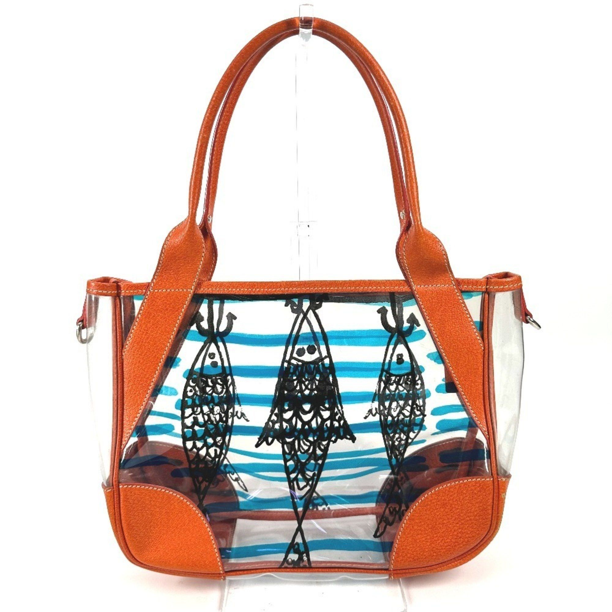 Prada Beach Bag Logo Triangle Plate Tote Shoulder Vinyl Leather Women's Orange