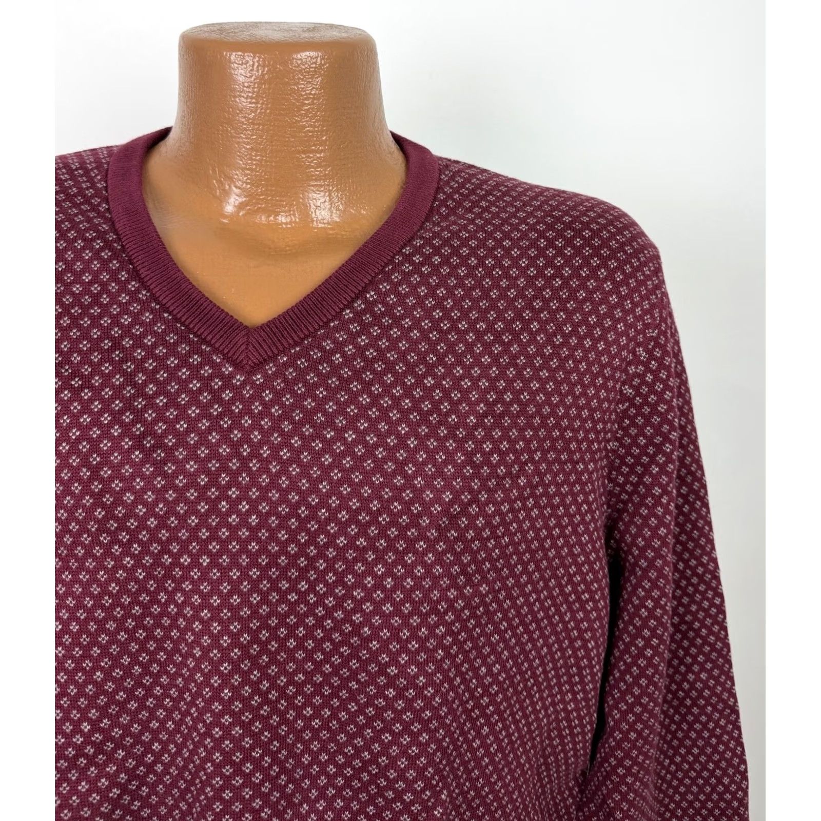 Lands' End Lands' End Mens Large Burgundy V-Neck Supima Cotton Knit Geometric Pullover Sweater Shirt Size US L / EU 52-54 / 3 - 3 Thumbnail