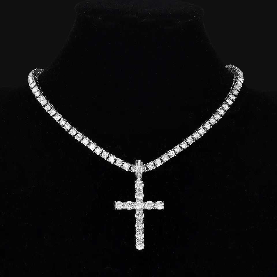 Jewelry Hip Hop Cross Pendant Necklace With 4mm Zircon Tennis Chain Size ONE SIZE - 1 Thumbnail