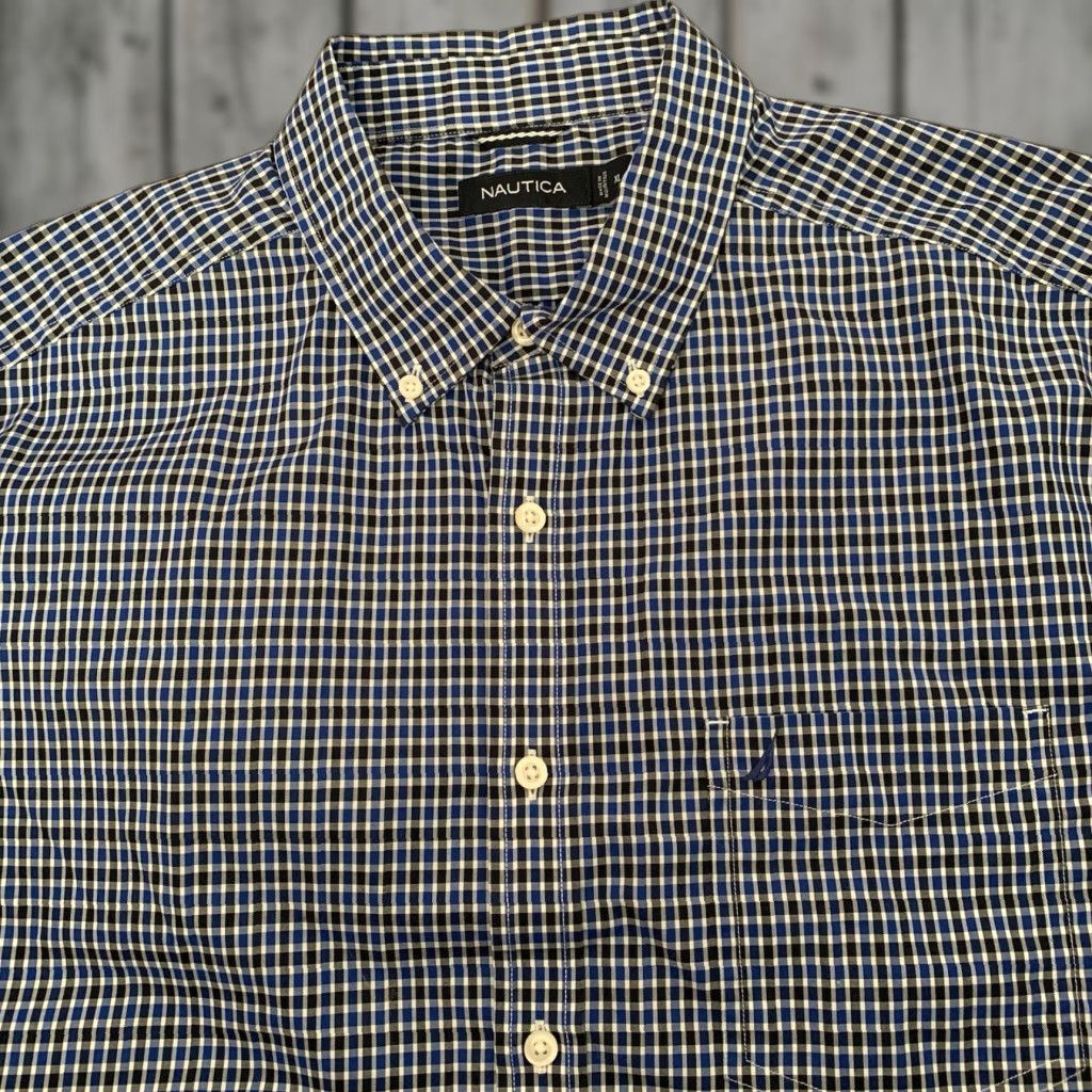 Nautica Nautica Shirt Mens XL Blue Black Check 100% Cotton Button Up Short Sleeve Pocket Size US XL / EU 56 / 4 - 1 Thumbnail