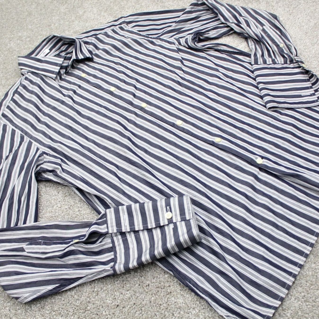 Banana Republic Banana Republic Shirt Mens Large Blue/Gray Striped Albini Fabric Cotton Button-Up Slim Fit Size US L / EU 52-54 / 3 - 6 Thumbnail