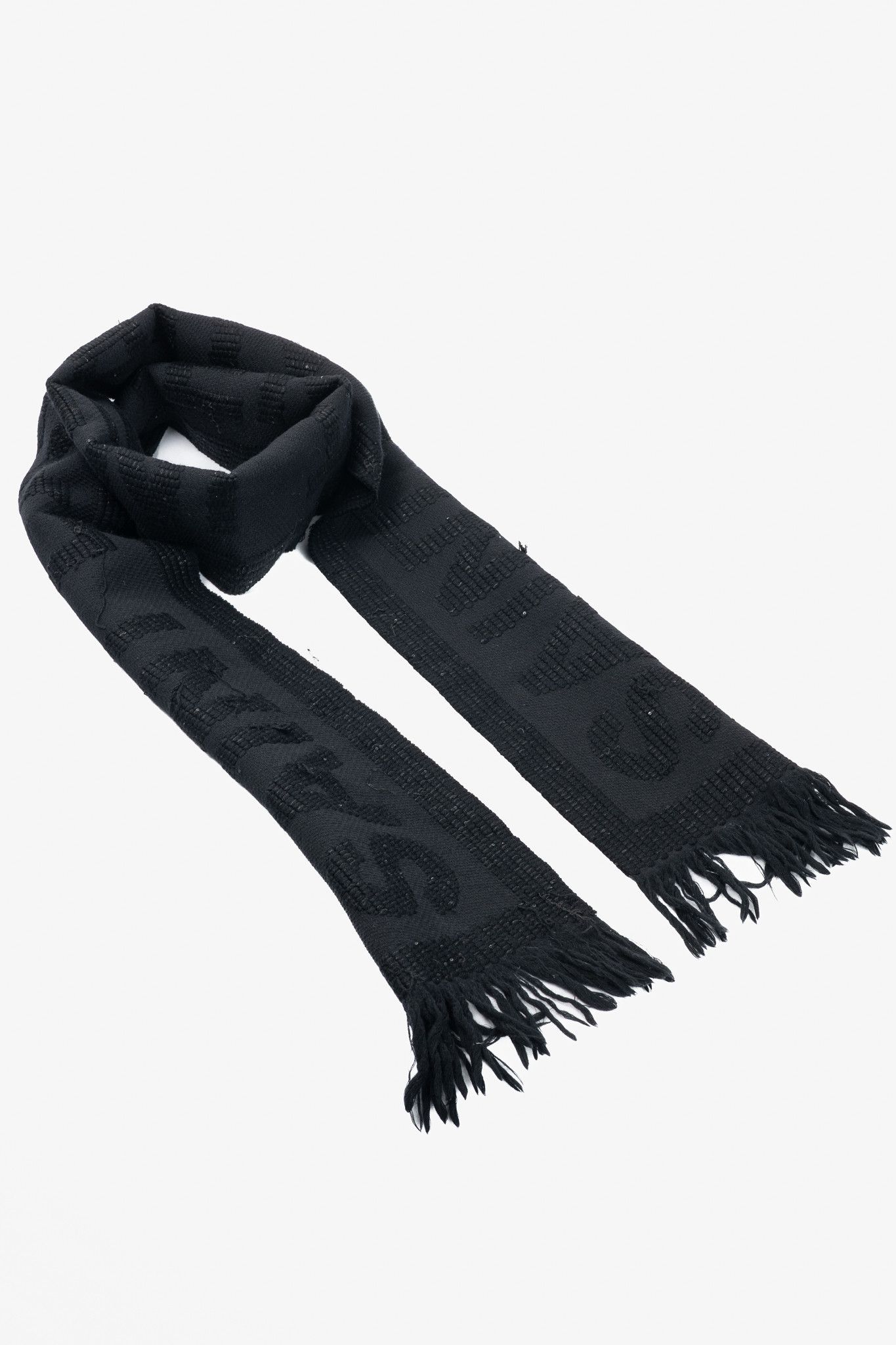 Saint Laurent Paris Saint Laurent Black Wool Sequined Logo-Jacquard Fringe Scarf Size ONE SIZE - 1 Thumbnail