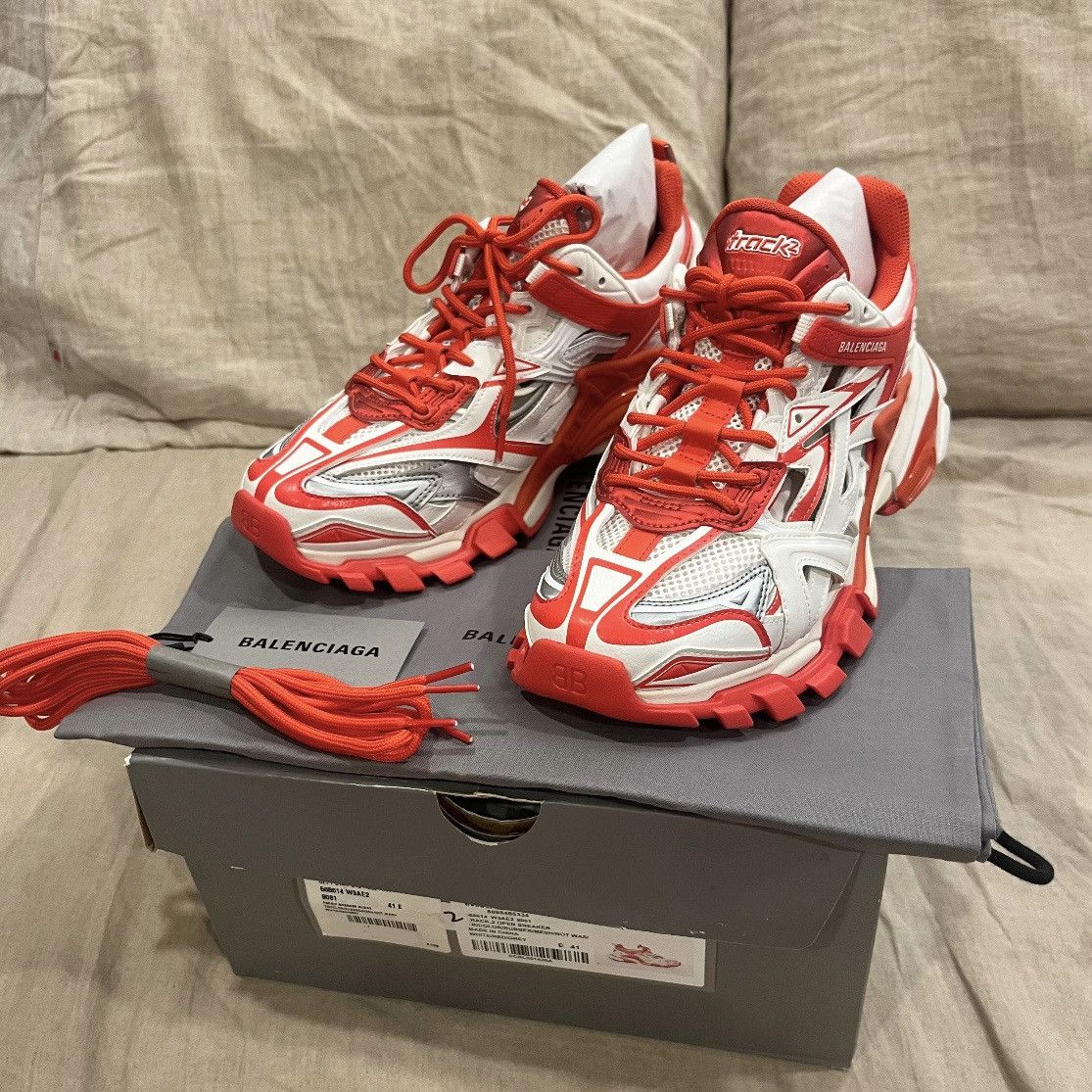 Balenciaga $1200 Balenciaga Track.2 Runners Sneaker, White Red Grey Size US 8 / EU 41 - 1 Thumbnail