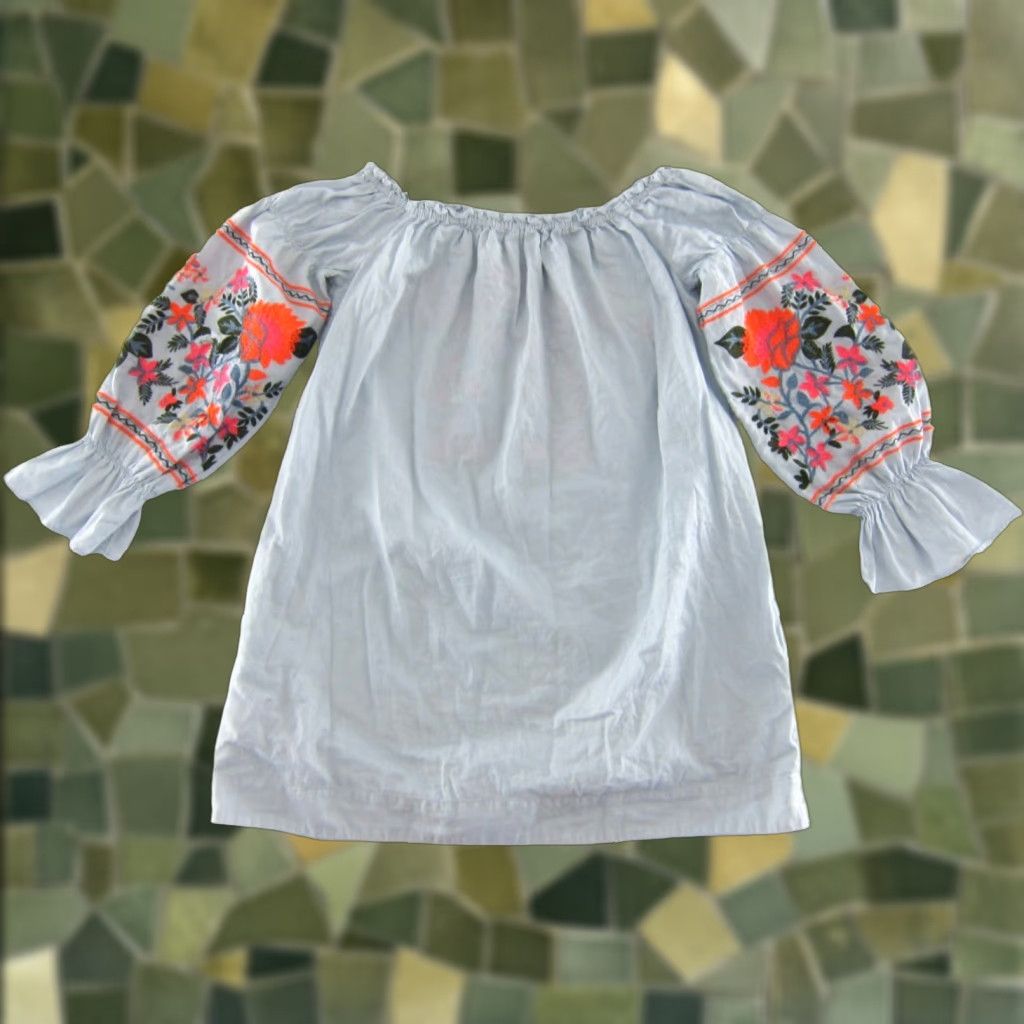 Free People Free People Blouse Shirt S Womens Off Shoulder Blue Floral Cotton Embroidered Pockets 3/4 Sleeve Bohemian 90s Style Size S / US 4 / IT 40 - 1 Thumbnail