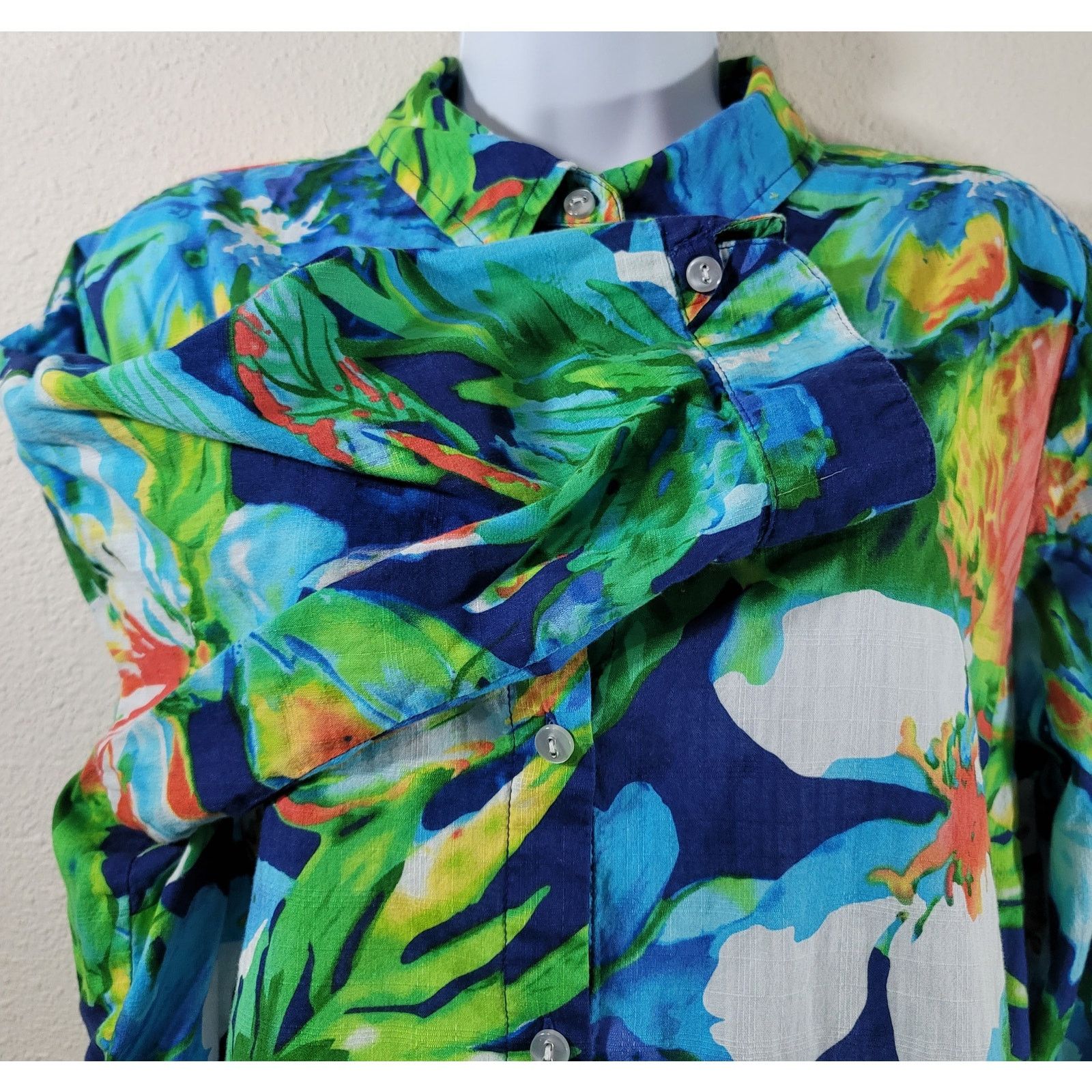Other Allison Daley Blue Green Orange Floral Button Up Top 16 Soft Size XXL / US 16-18 / IT 52-54 - 7 Thumbnail