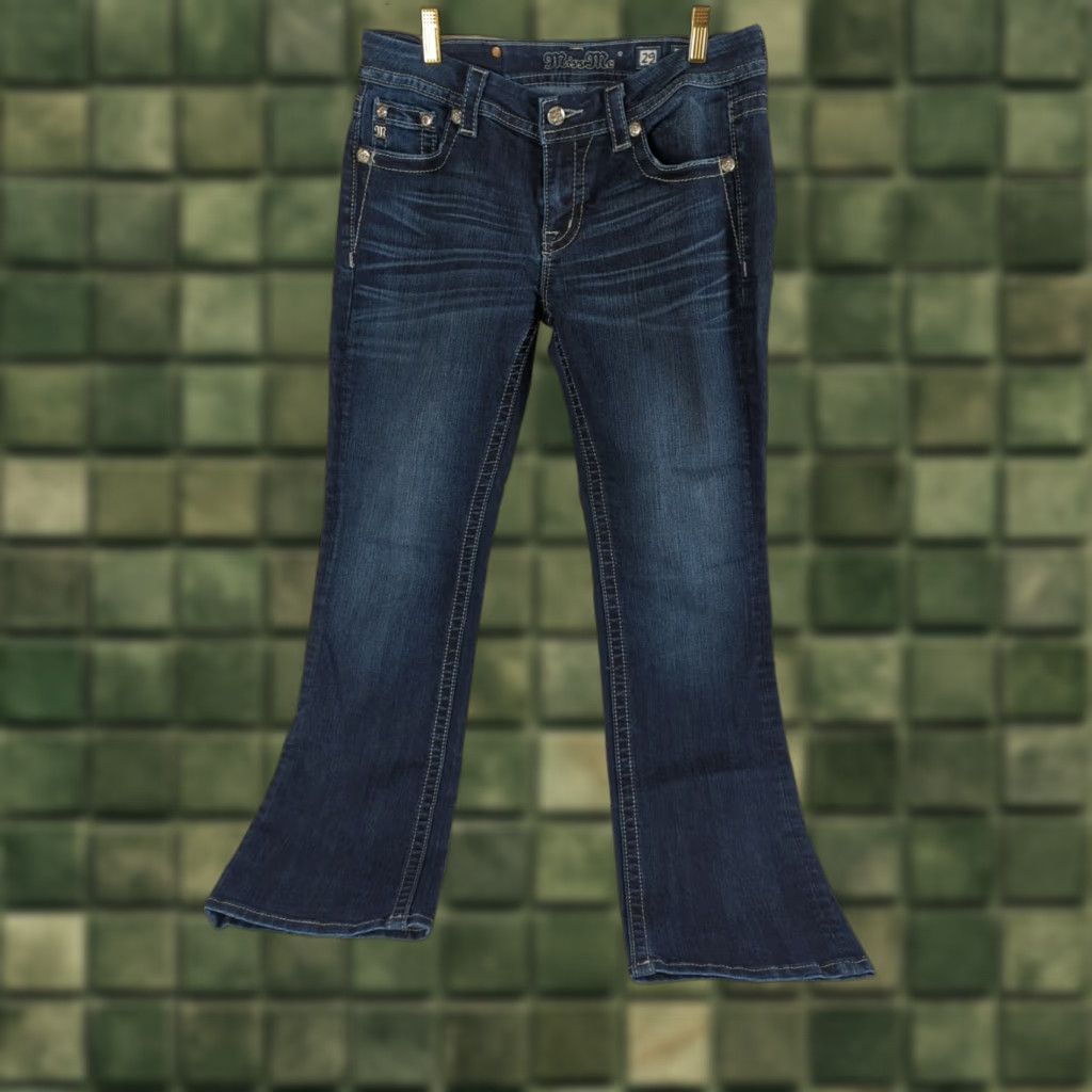 Miss Me Miss Me Jeans Womens Bootcut Mid Rise Dark Wash Rhinestone 5-Pocket Denim 29 Blue Womens Jeans Size 29" - 1 Thumbnail