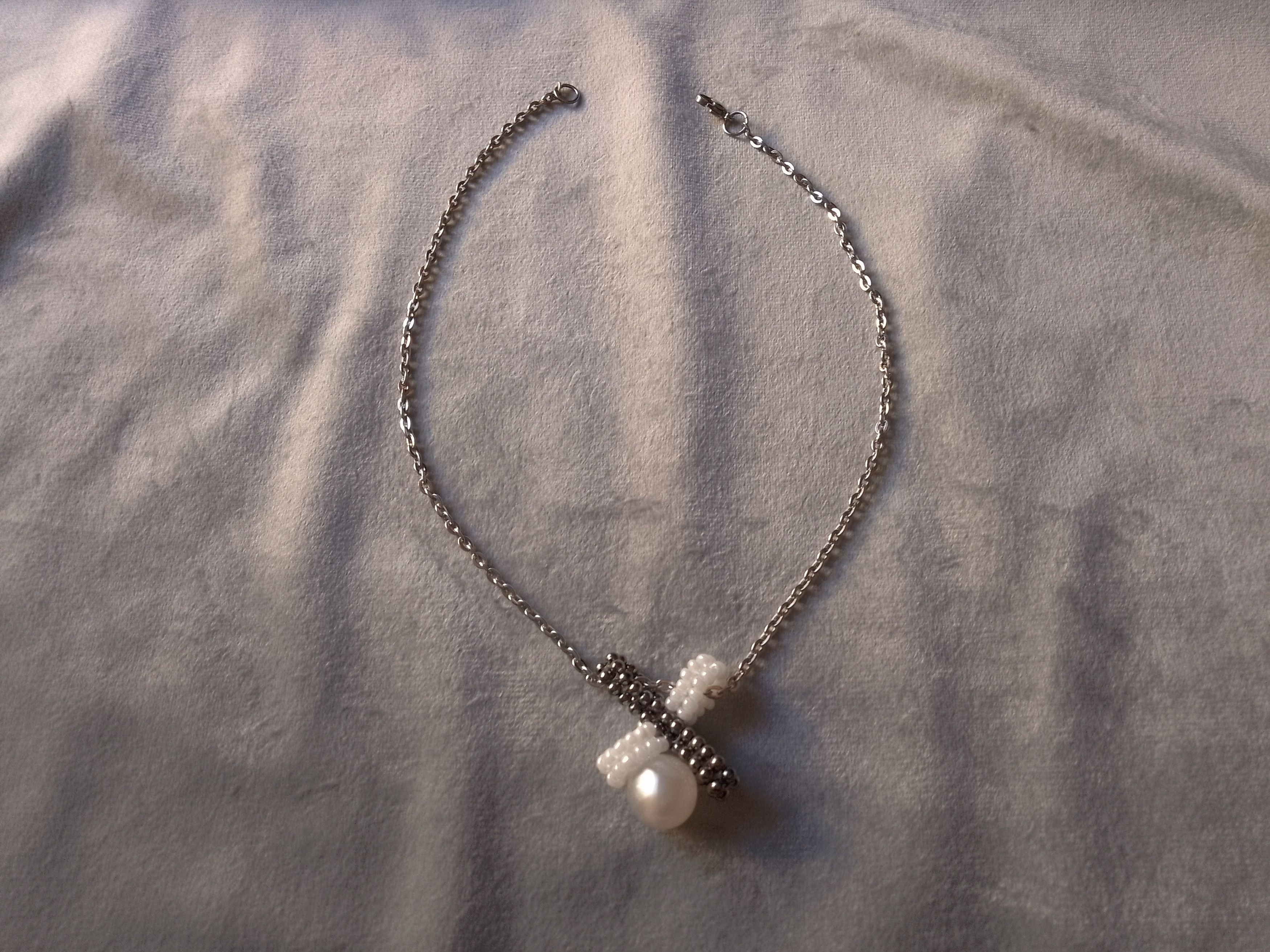 Handmade Necklace Pearl Beaded Cross X Pendant Elegant White Gray Size ONE SIZE - 1 Thumbnail