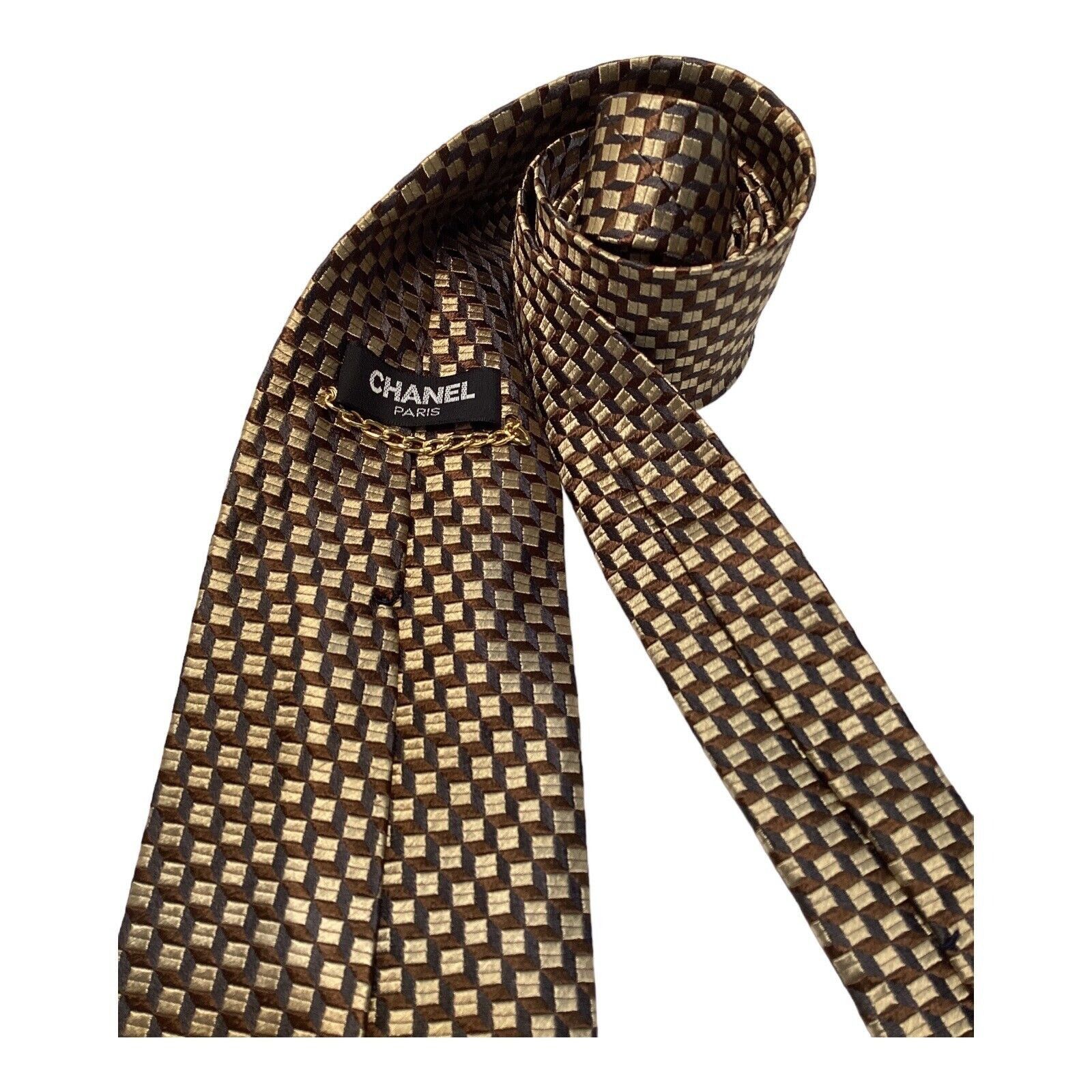 Chanel CHANEL Paris Gold Brown Geometric Luxury Designer Silk Tie I Size ONE SIZE - 3 Thumbnail