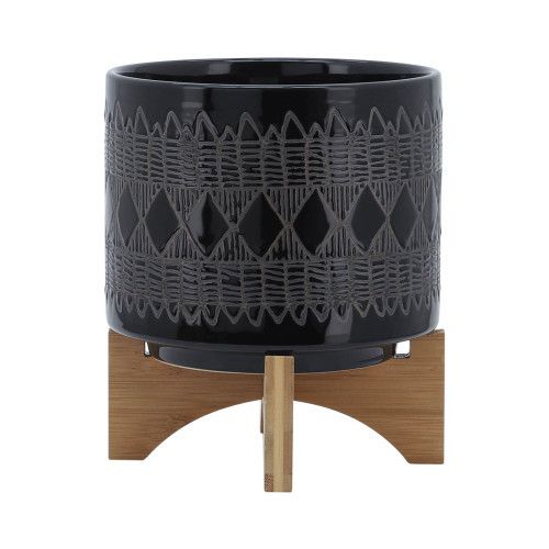 Designer × Homemade CERAMIC 8" AZTEC PLANTER ON WOODEN STAND, BLACK Size US L / EU 52-54 / 3 - 3 Thumbnail