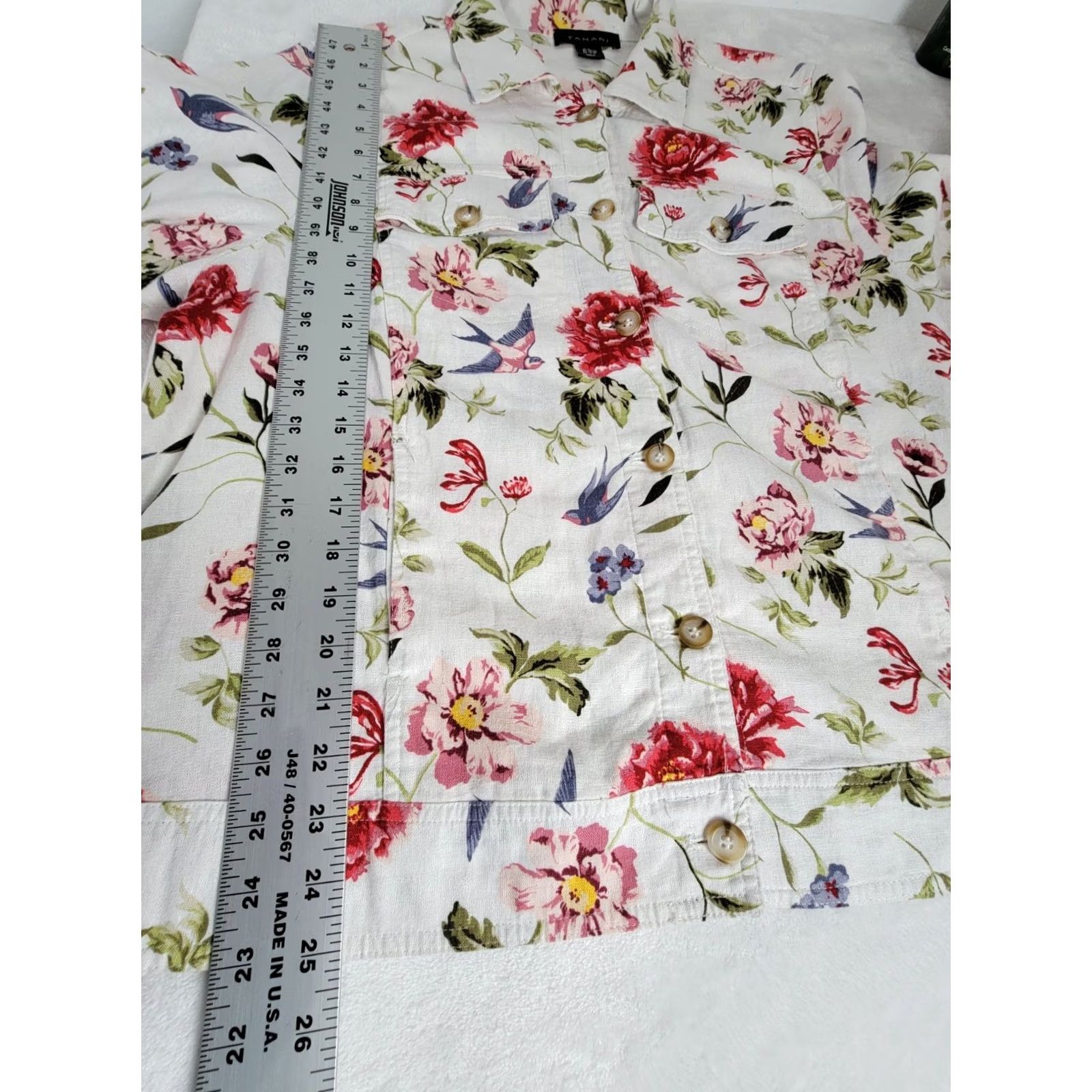 Vintage Tahari Women Button Up Shirt Jacket 1X White Floral Linen Blend Pockets Button Up Long Sleeve Casual Shirt Jacket Womens Size XL / US 12-14 / IT 48-50 - 7 Thumbnail