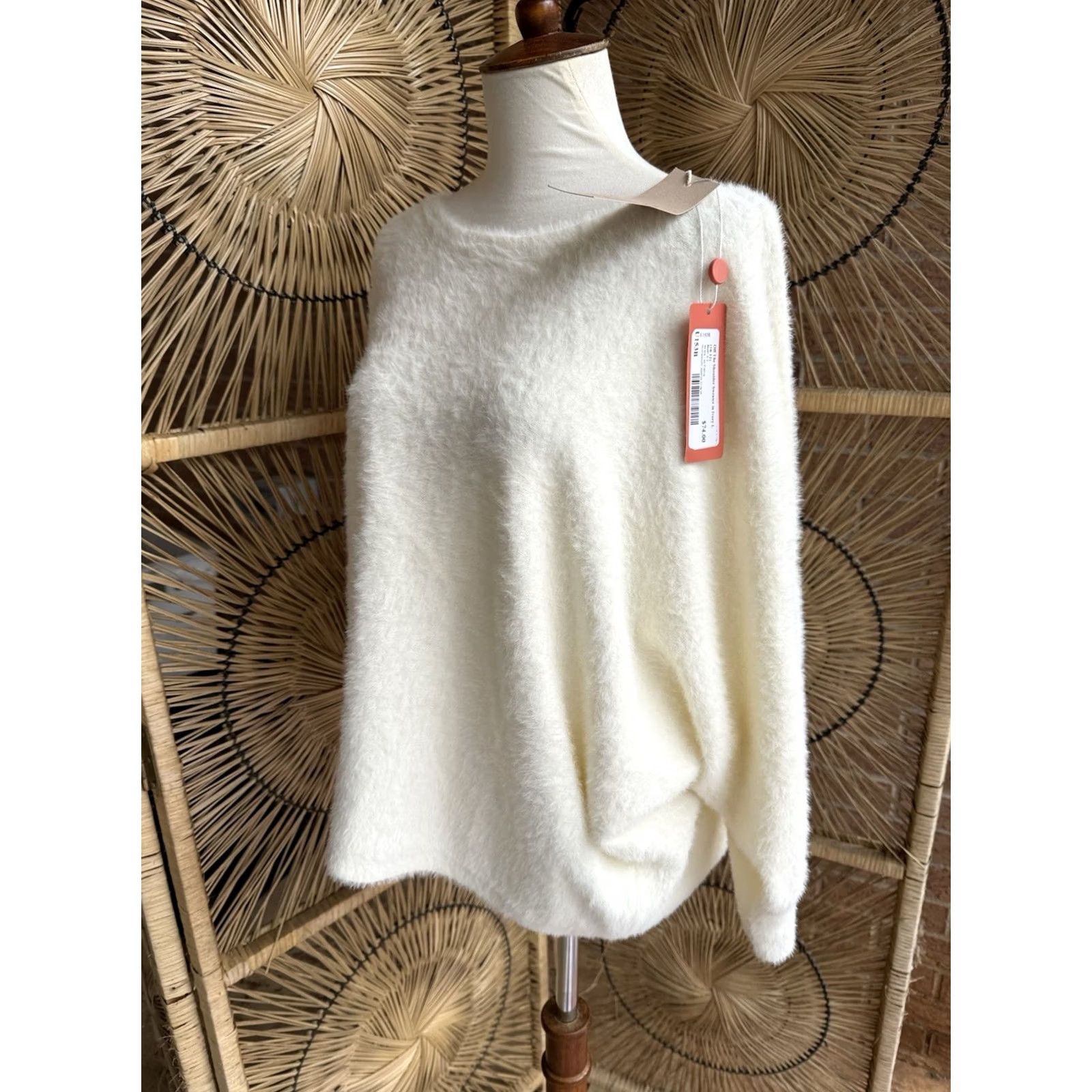 Coach ACOA Off The Shoulder White Fuzzy Sweater L Women Pullover, Cozy Eye-Lash Knit, New Size L / US 10 / IT 46 - 7 Thumbnail
