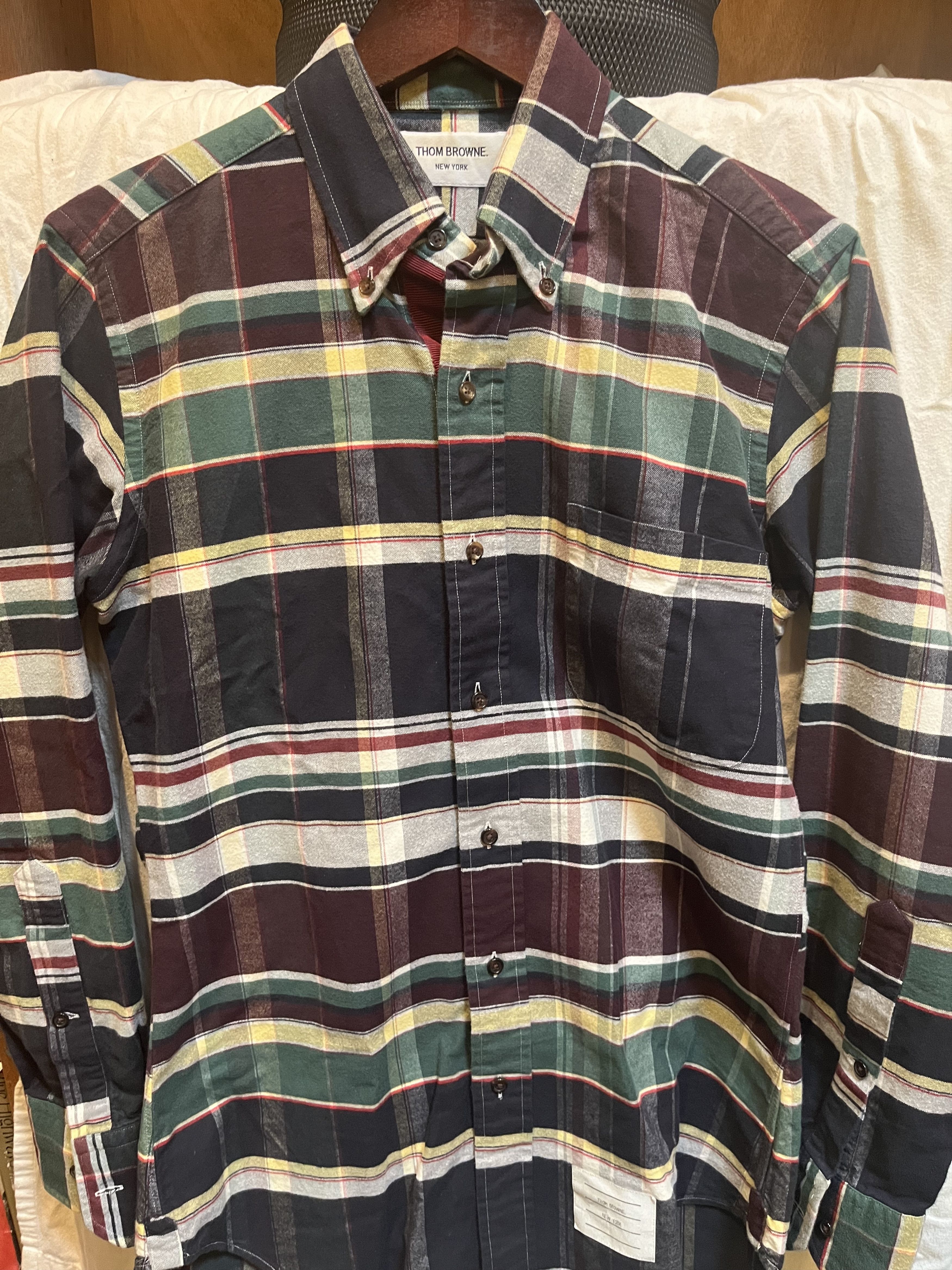 image of Thom Browne Plaid Flannel Oxford Shirt in Burgundy Plaid, Men's (Size XS)