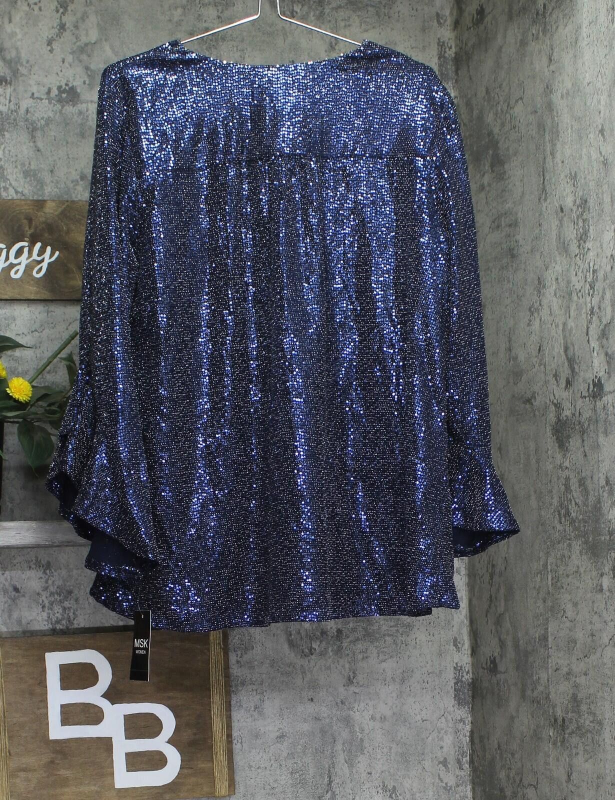 Other Nwt Msk V Sleeve Sequin Knit Blouse Top Shirt Navy Blue 1x Size XL / US 12-14 / IT 48-50 - 2 Thumbnail