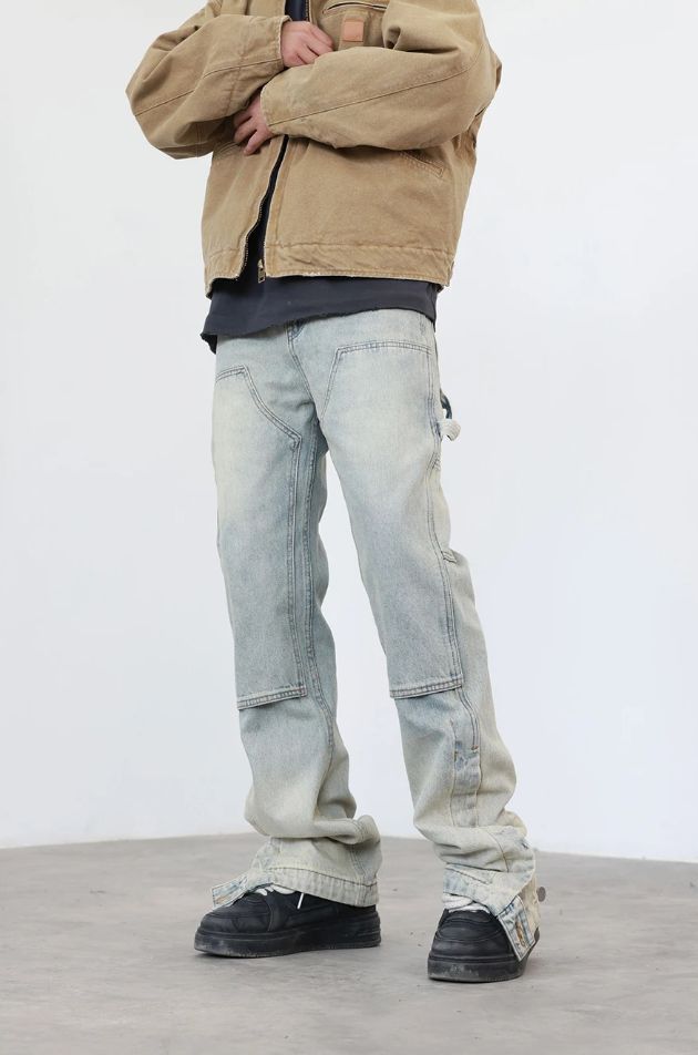 Jean Washed Disstress Spliced Straight Leg Pants Size US 36 / EU 52 - 1 Thumbnail