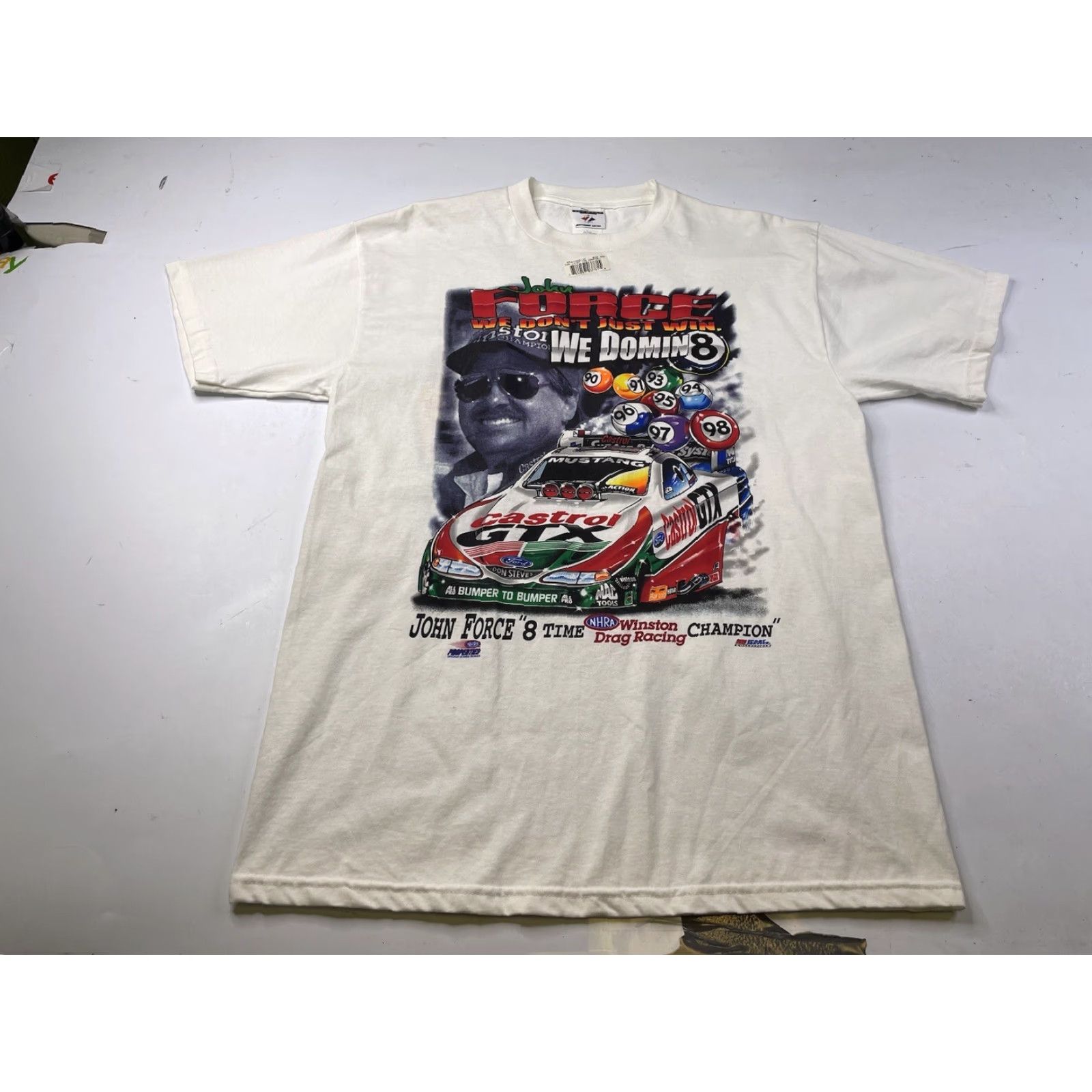 Jerzees VINTAGE John Force 2 Side T-Shirt NHRA Drag Racing NASCAR 8 Championship L White 90s Cars Nascar Oil Racing Logo Unisex Adults T-Shirt Mens Size US L / EU 52-54 / 3 - 2 Thumbnail