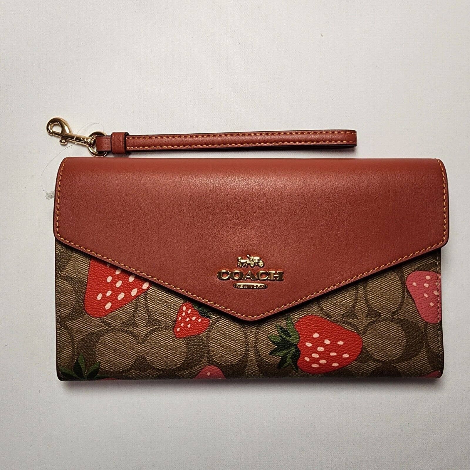 image of Coach Ch524 Strawberry Travel Envelope Wallet Khaki Multi in Brown, Women's