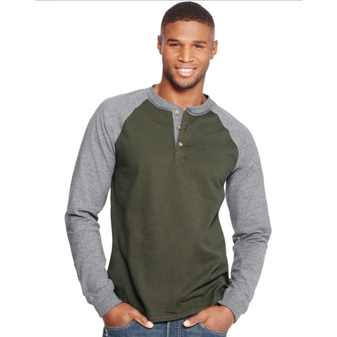 Hanes Hanes Beefy-T Long Sleeve Colorblock Henley Green XL Size US XXL / EU 58 / 5 - 1 Thumbnail